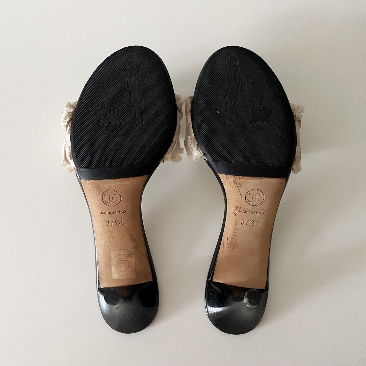 Chanel “CC” Ivory Ruffle Bow Sandal Heels
