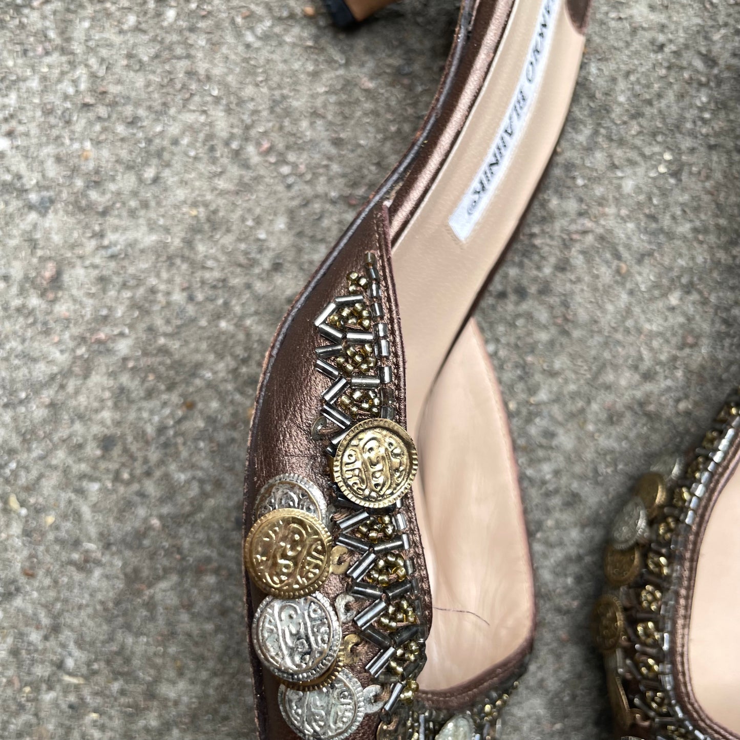 Manolo Blahnik 2000s Silver & Gold Coin Brown Leather Mule Heels