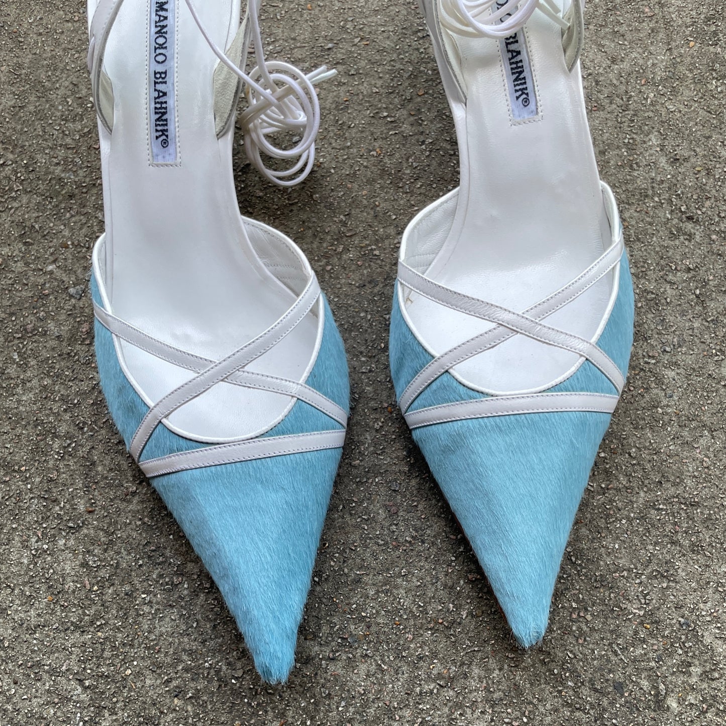 Manolo Blahnik 2000s Blue Pony-hair Slingback Heels