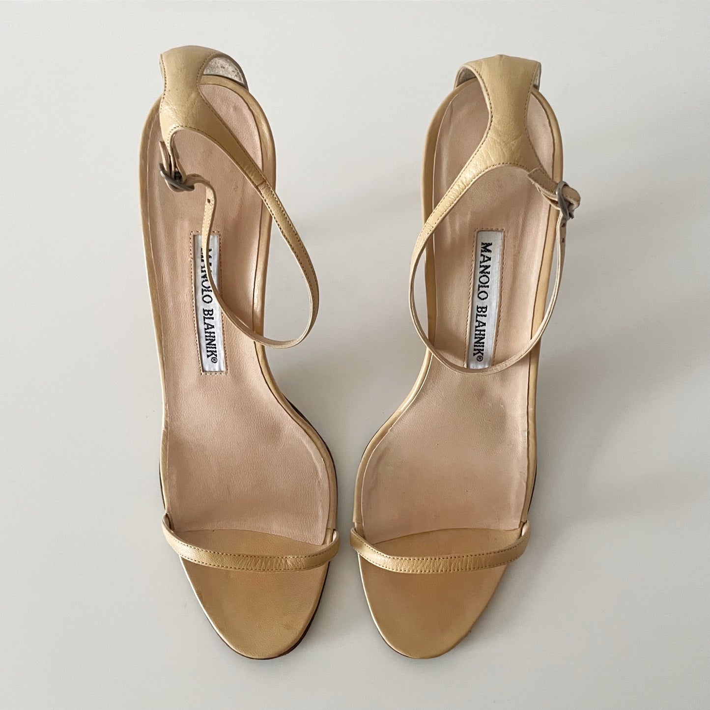 Manolo Blahnik Nude Leather Ankle Strap Sandal Heels