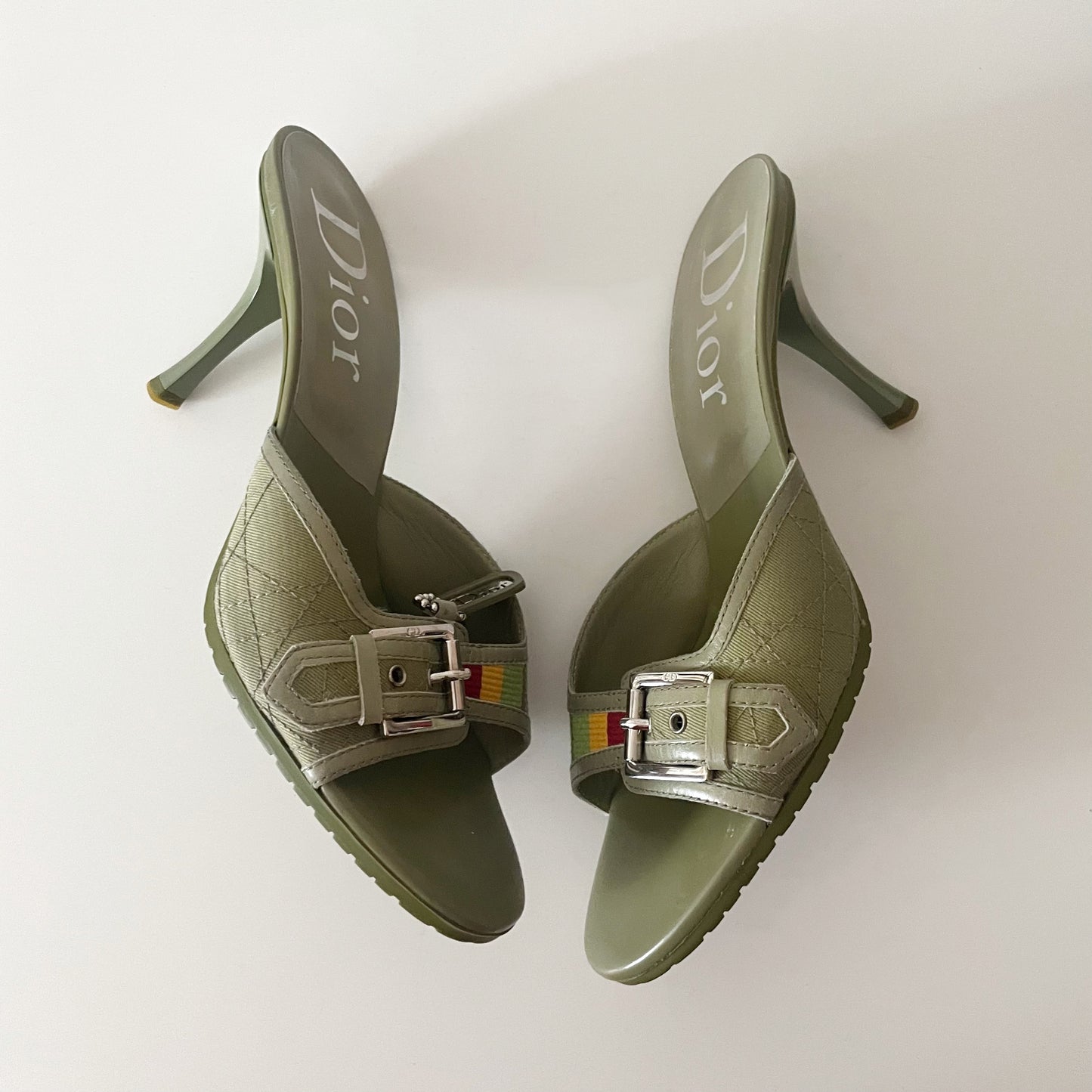 Dior by John Galliano F/W 2004 Rasta Green Buckle Cannage Sandal Heels