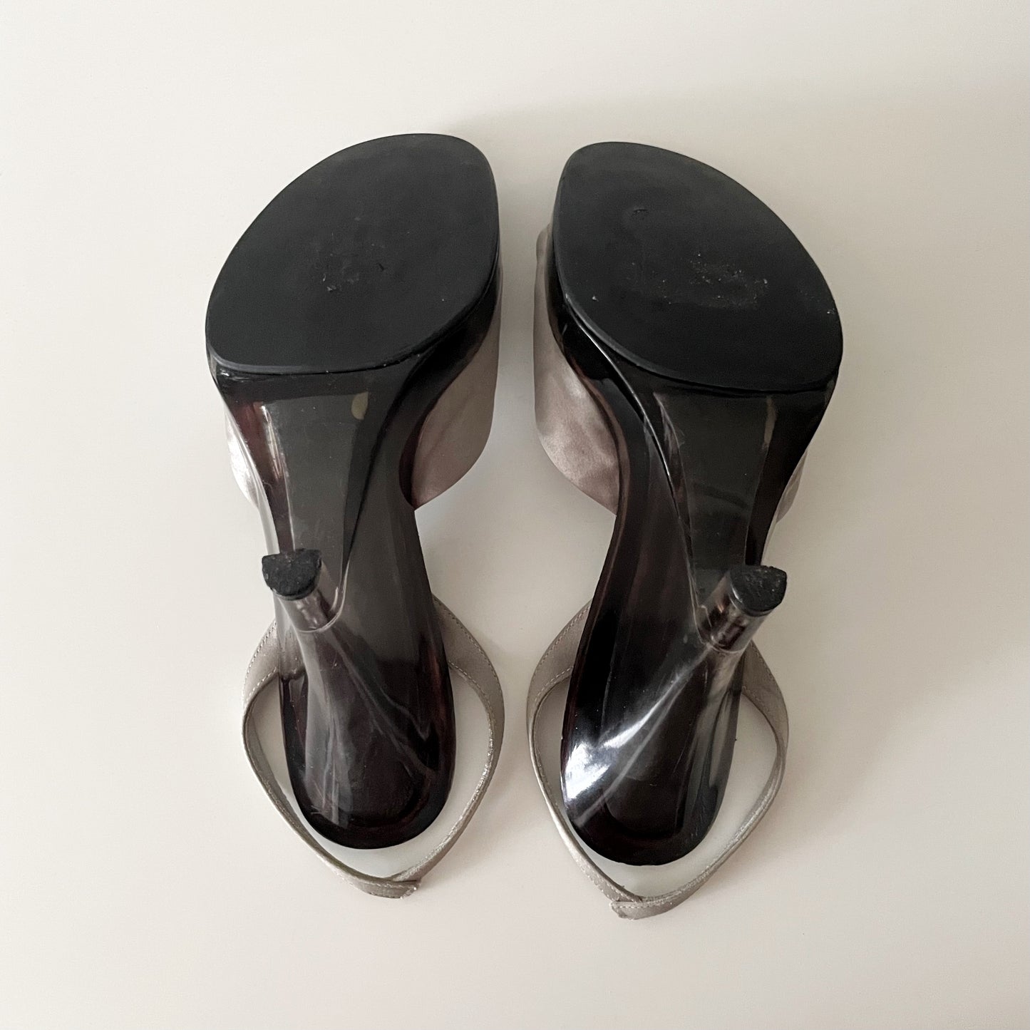Prada S/S 1998 Grey Satin Lucite Plexiglass Slingback Wedge Heels