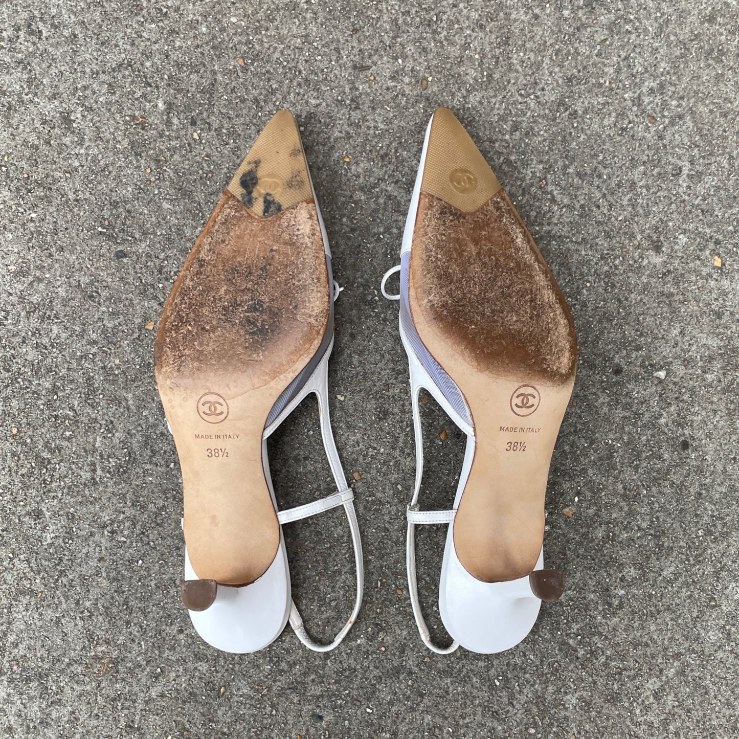 Chanel “CC” White Bow Mesh Slingback Heels