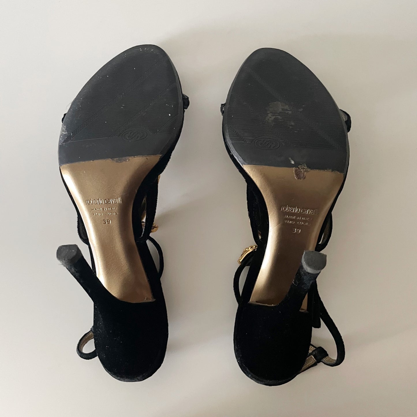 Roberto Cavalli Black Suede Sandal Heels with Black Stone Encrusted Gold Snake Details