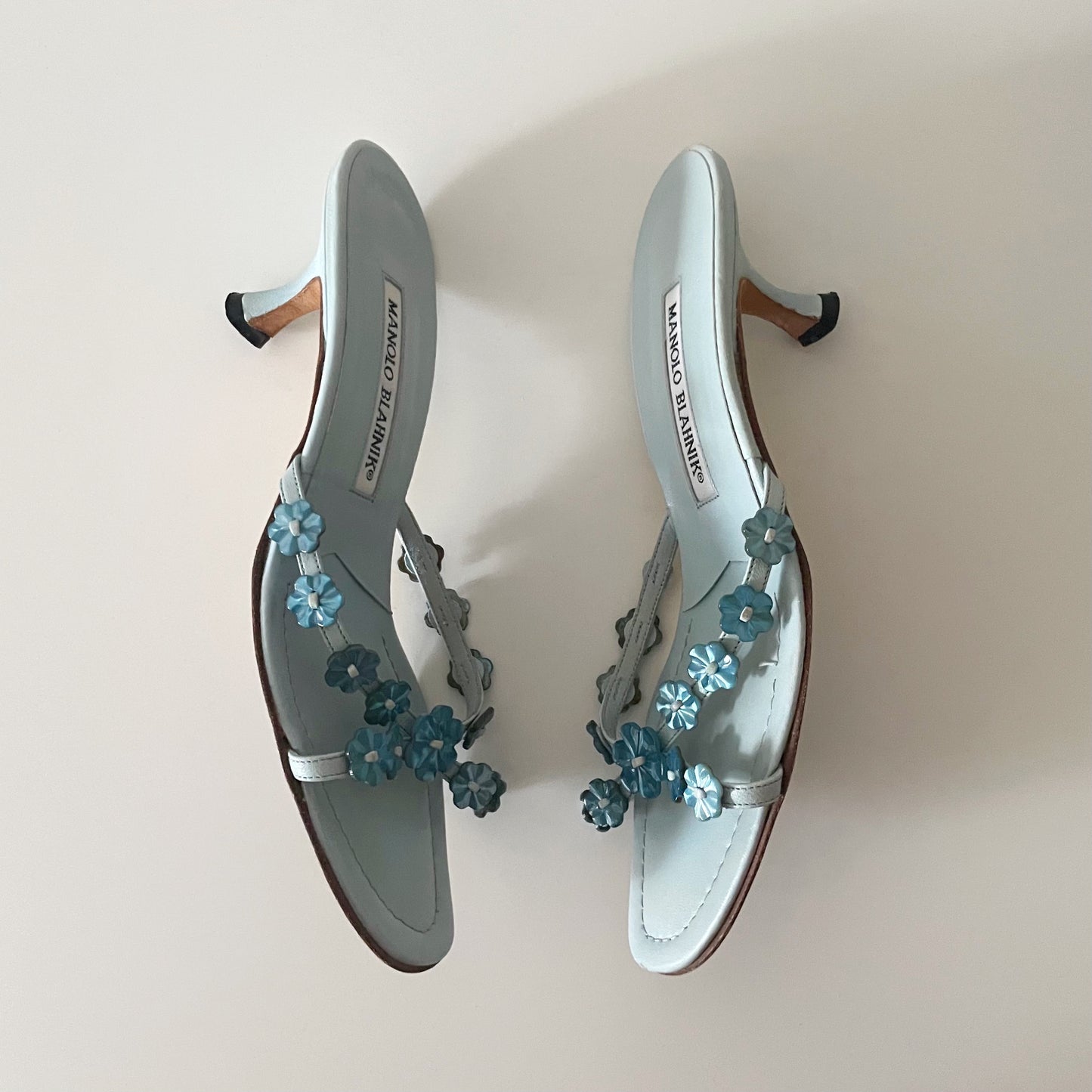 Manolo Blahnik 2000s Blue Pearlescent Flower Sandal Heels
