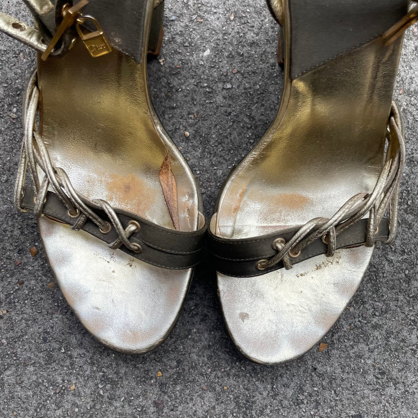 Dior by John Galliano S/S 2003 Khaki Green Padlock & Key Satin Wedge Heels