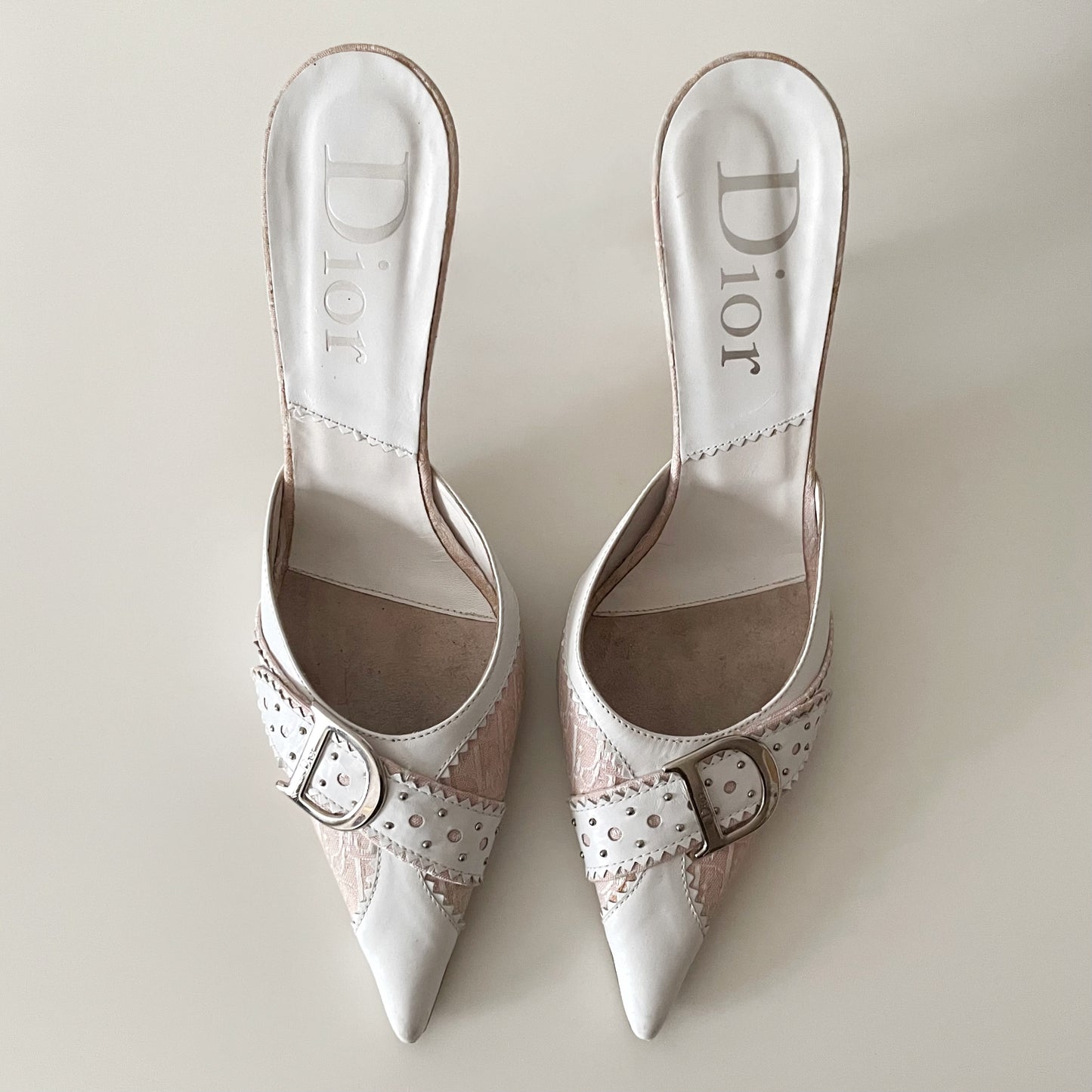 Dior by John Galliano 2000s Pink & White ‘D’ Buckle Mule Heels