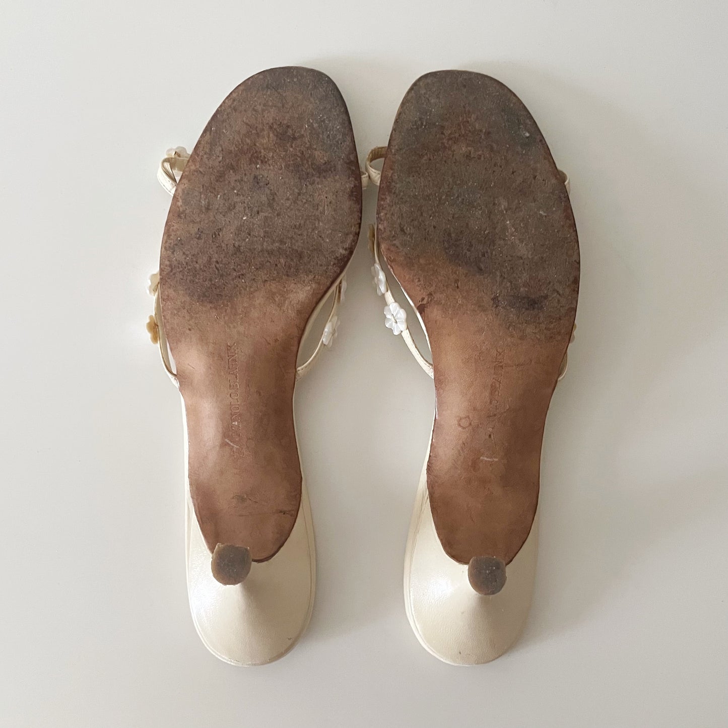 Manolo Blahnik 2000s Butter Yellow Pearlescent Flower Sandal Heels
