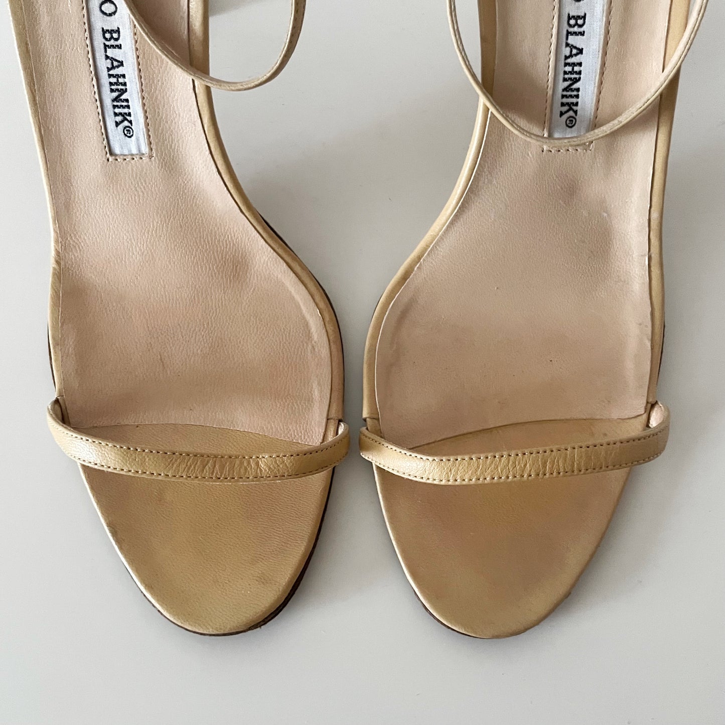 Manolo Blahnik Nude Leather Ankle Strap Sandal Heels