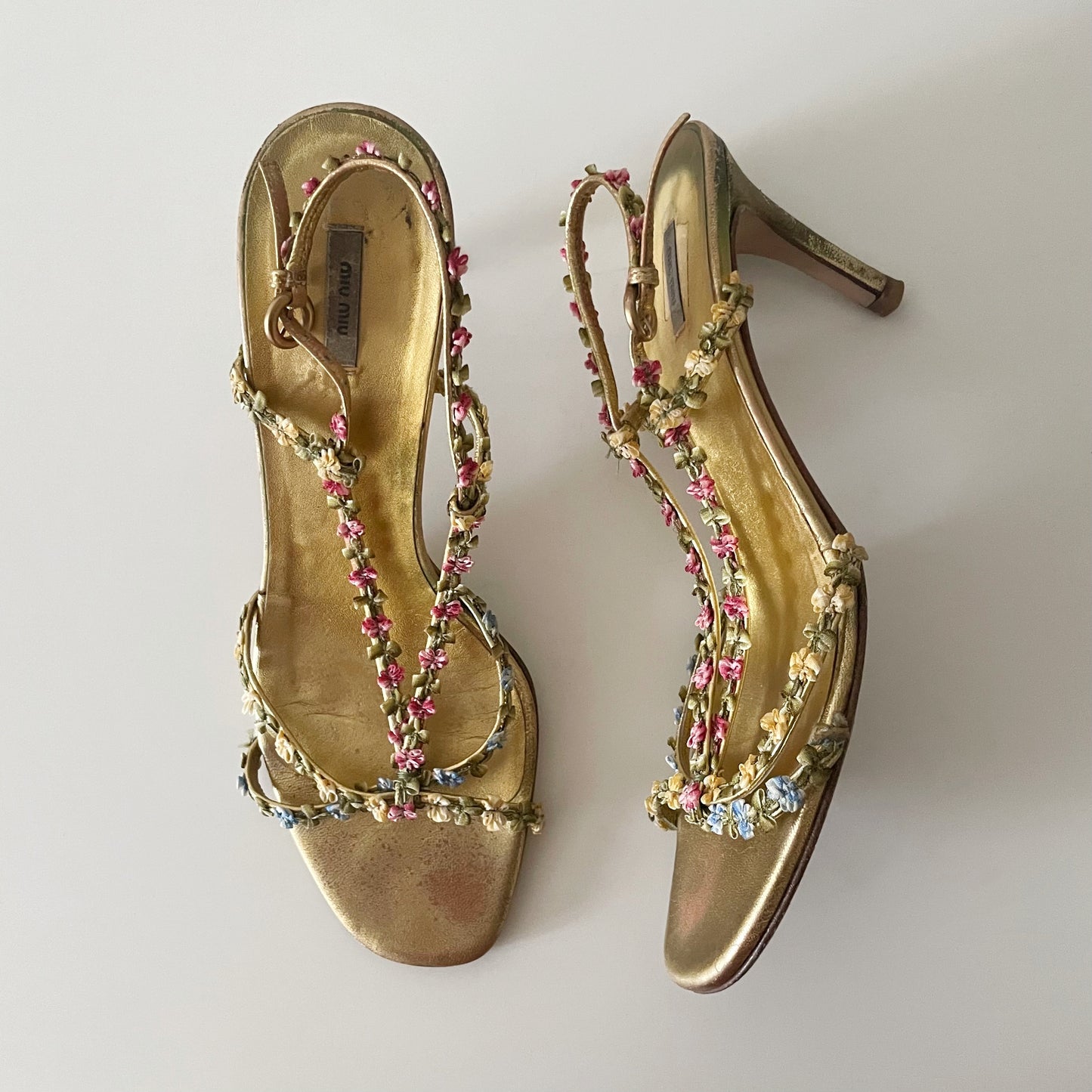 Miu Miu 2000s Floral Gold Leather T-Strap Sandal Heels