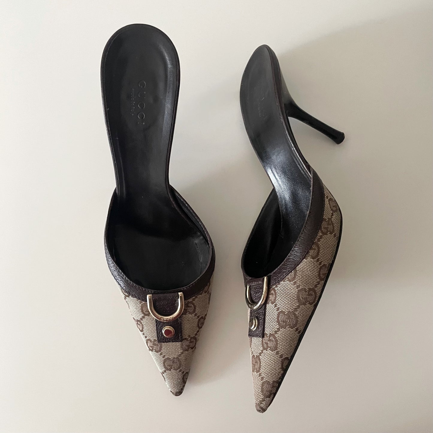 Gucci “GG” Beige & Brown Monogram D Ring Mule Heels