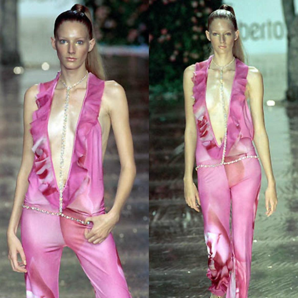 Roberto Cavalli S/S 2000 Pink Floral Rose Silk Jumpsuit