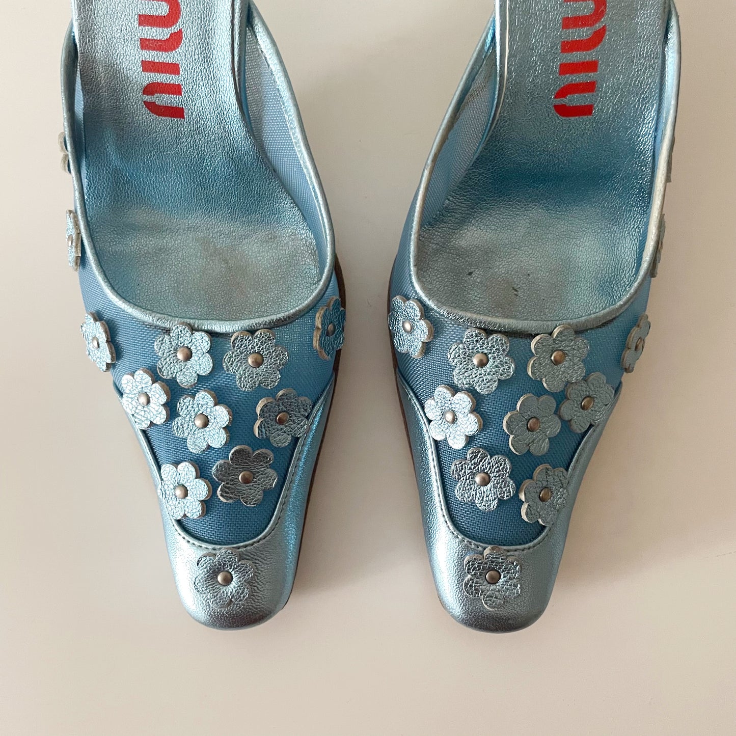 Miu Miu 1999 Metallic Blue Mesh Floral Daisy Mule Heels