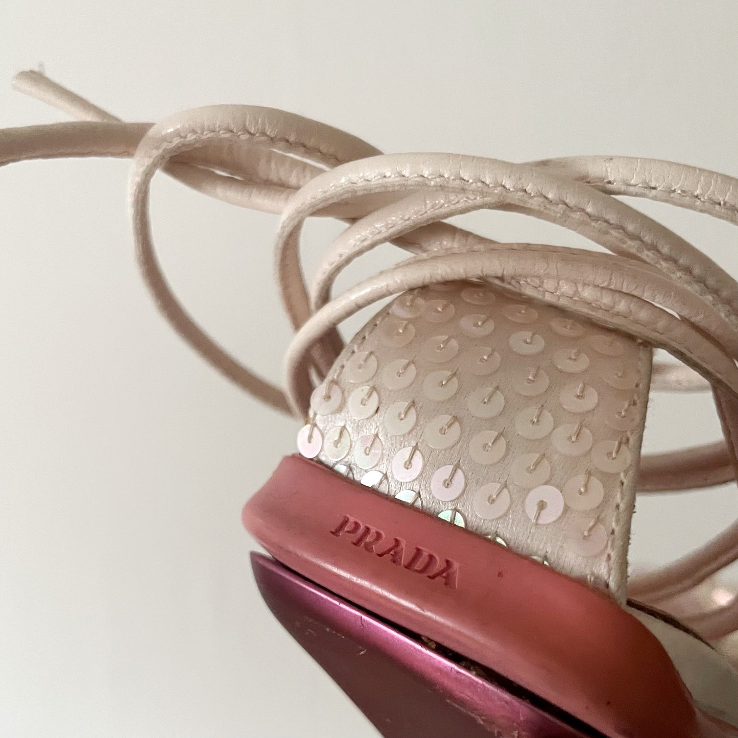 Prada 1999 Pink Sequin Strappy Sandal Heels