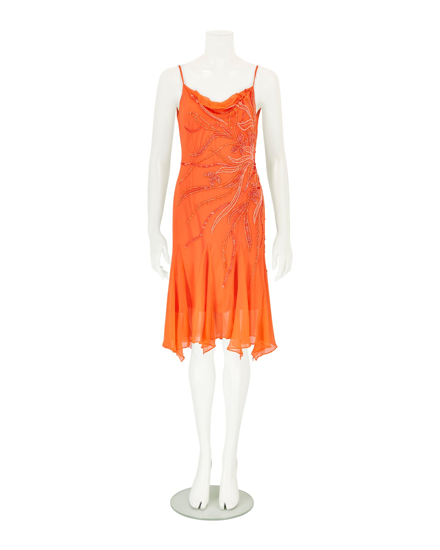 Vintage French 100% Silk Orange Beaded Dress with Scarf