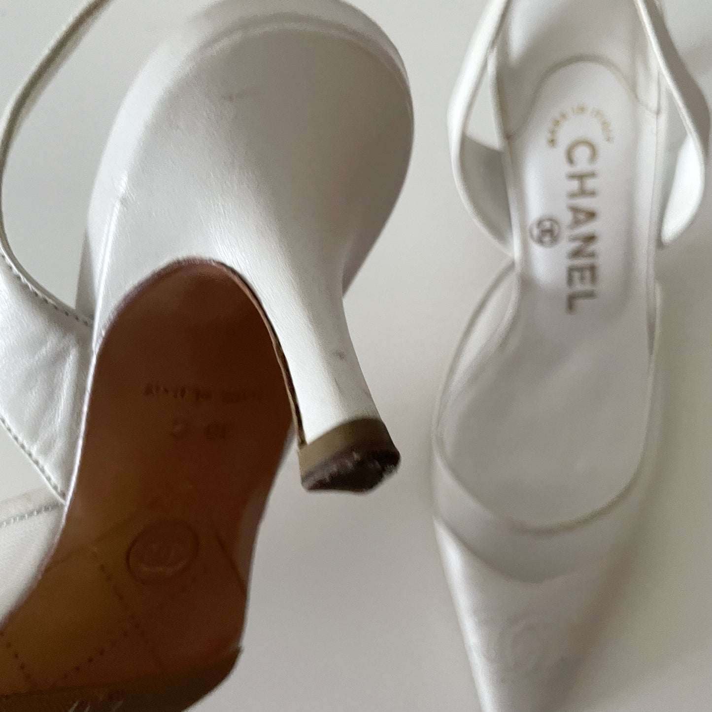 CHANEL “CC” White Mesh Leather Slingback Heels