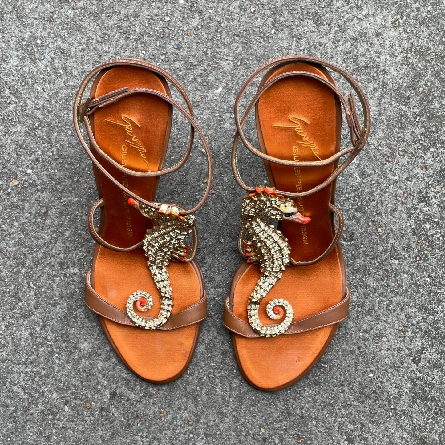 RARE Giuseppe Zanotti 2000s Brown & Orange Crystal Rhinestone Seahorse Sandal Heels