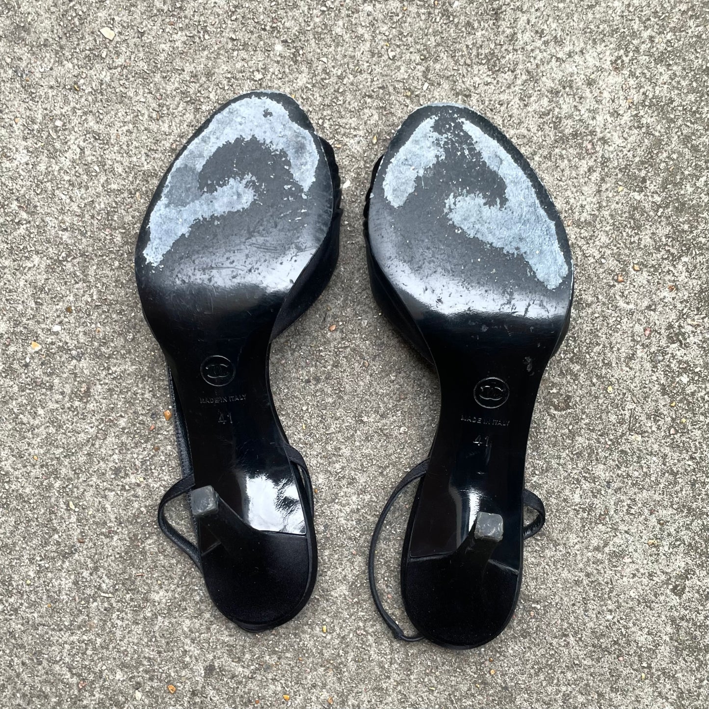 Chanel 2005 “CC” Pearl Embellished Black Satin Slingback Heels