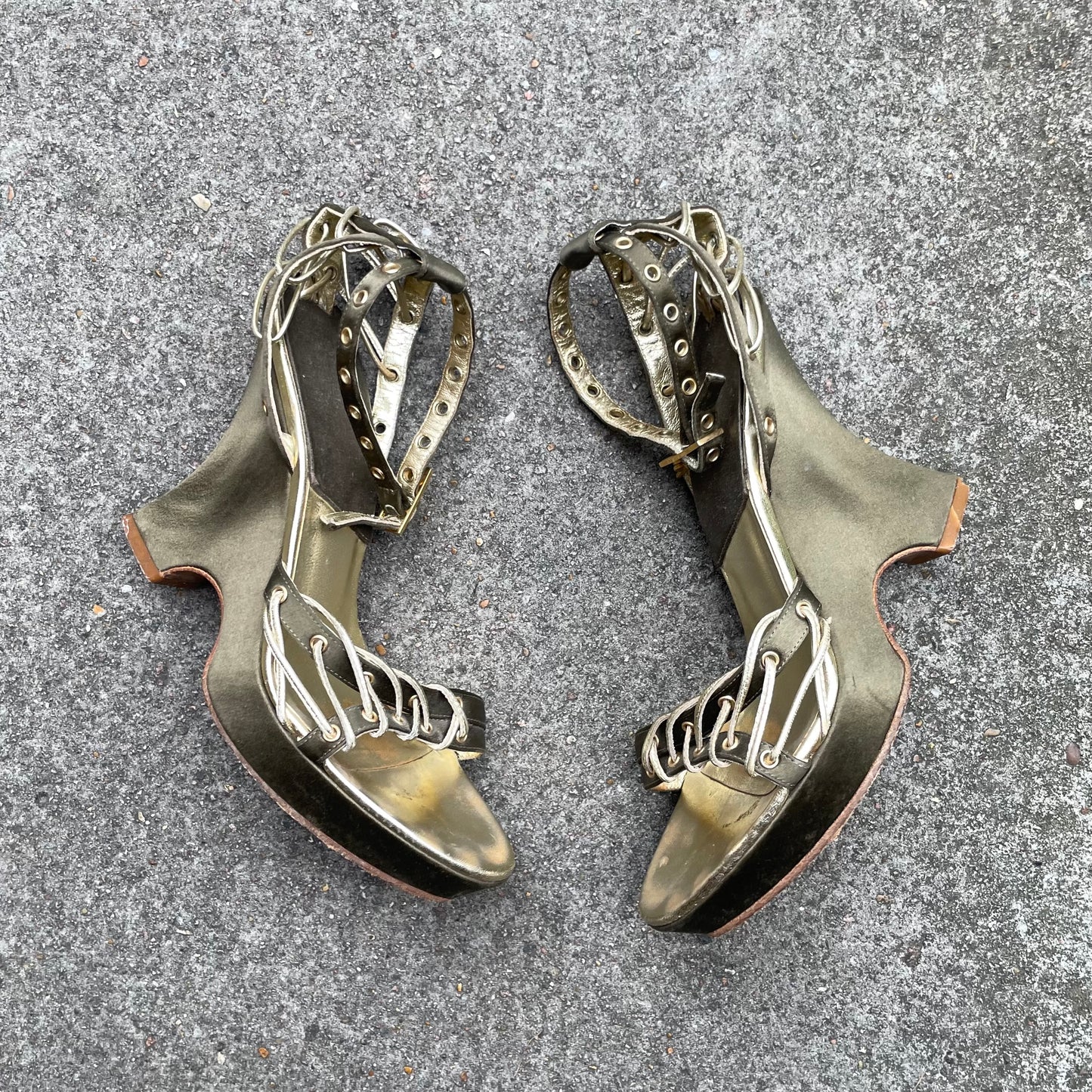 Dior by John Galliano S/S 2003 Khaki Green Padlock & Key Satin Wedge Heels