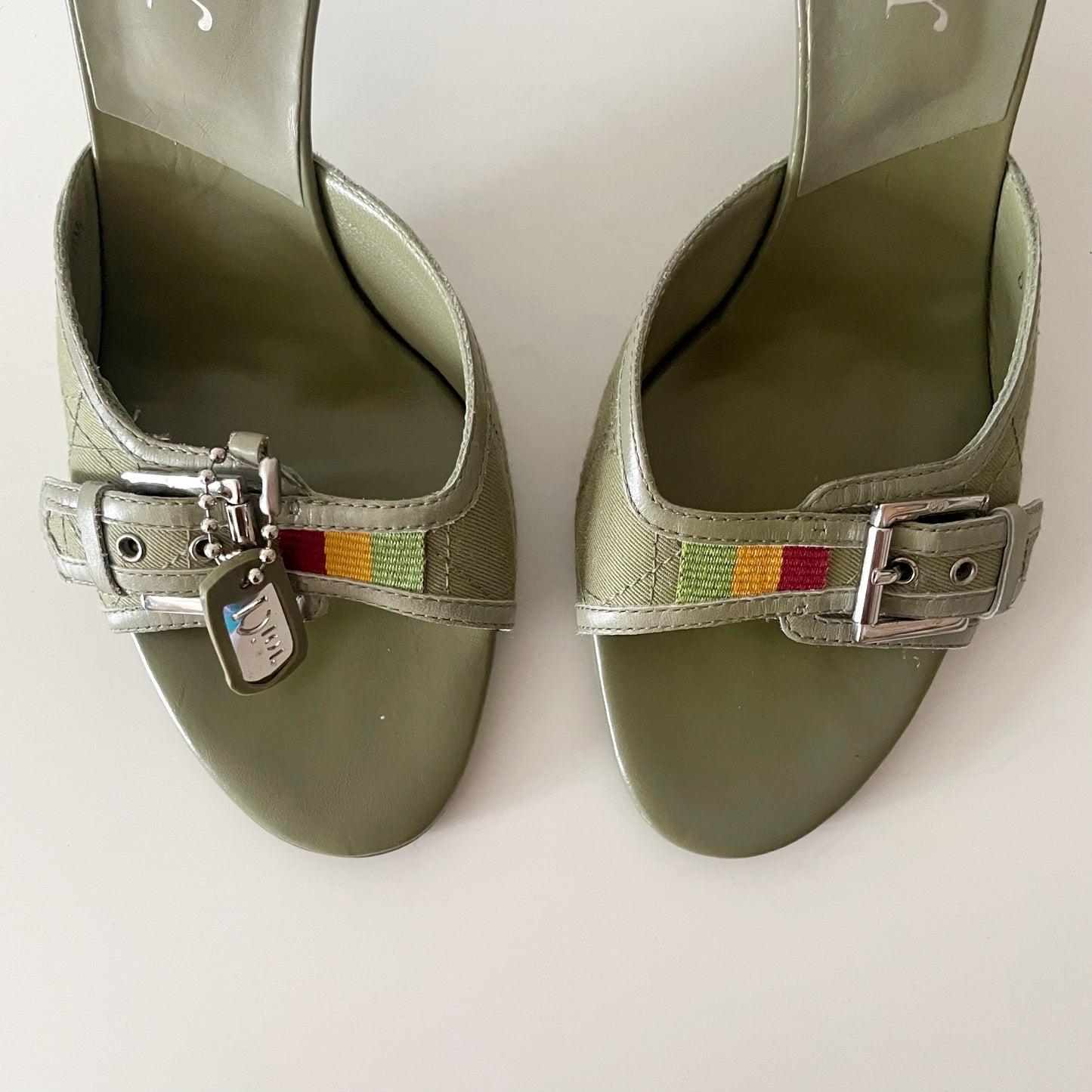 Dior by John Galliano F/W 2004 Rasta Green Buckle Cannage Sandal Heels