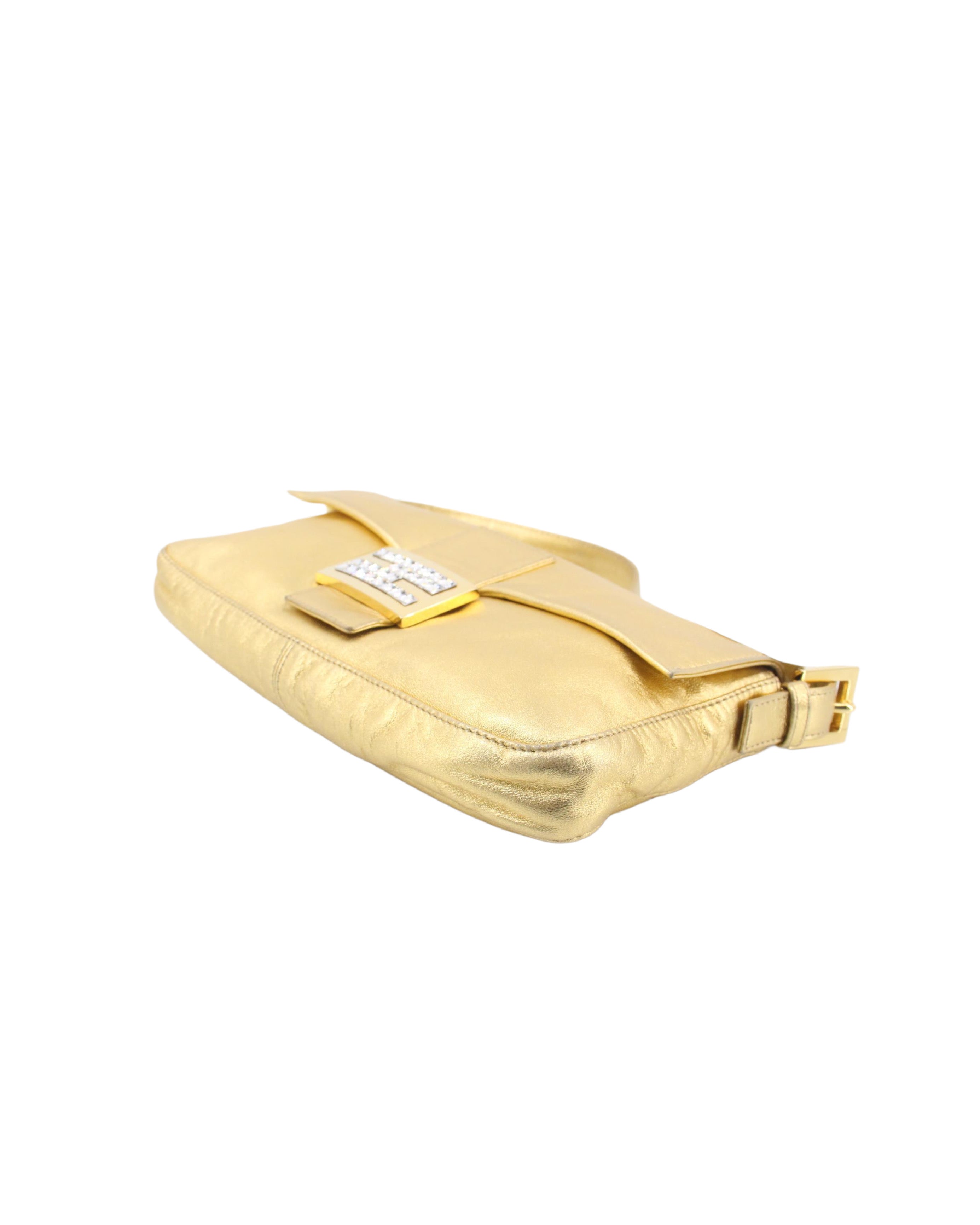 2000 Gold Leather Rhinestone Baguette Bag