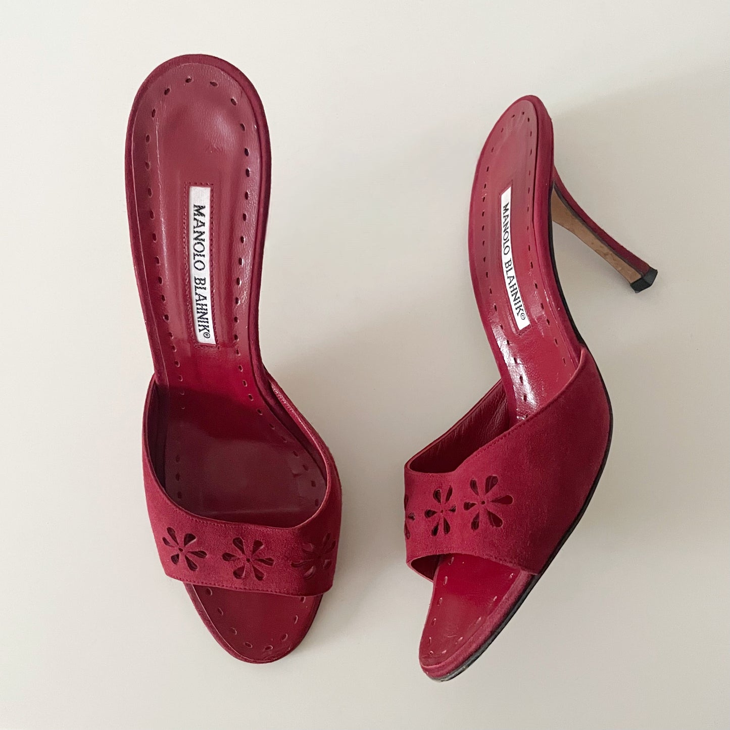 Manolo Blahnik Red Suede Floral Eyelet Laser Cut Sandal Heels
