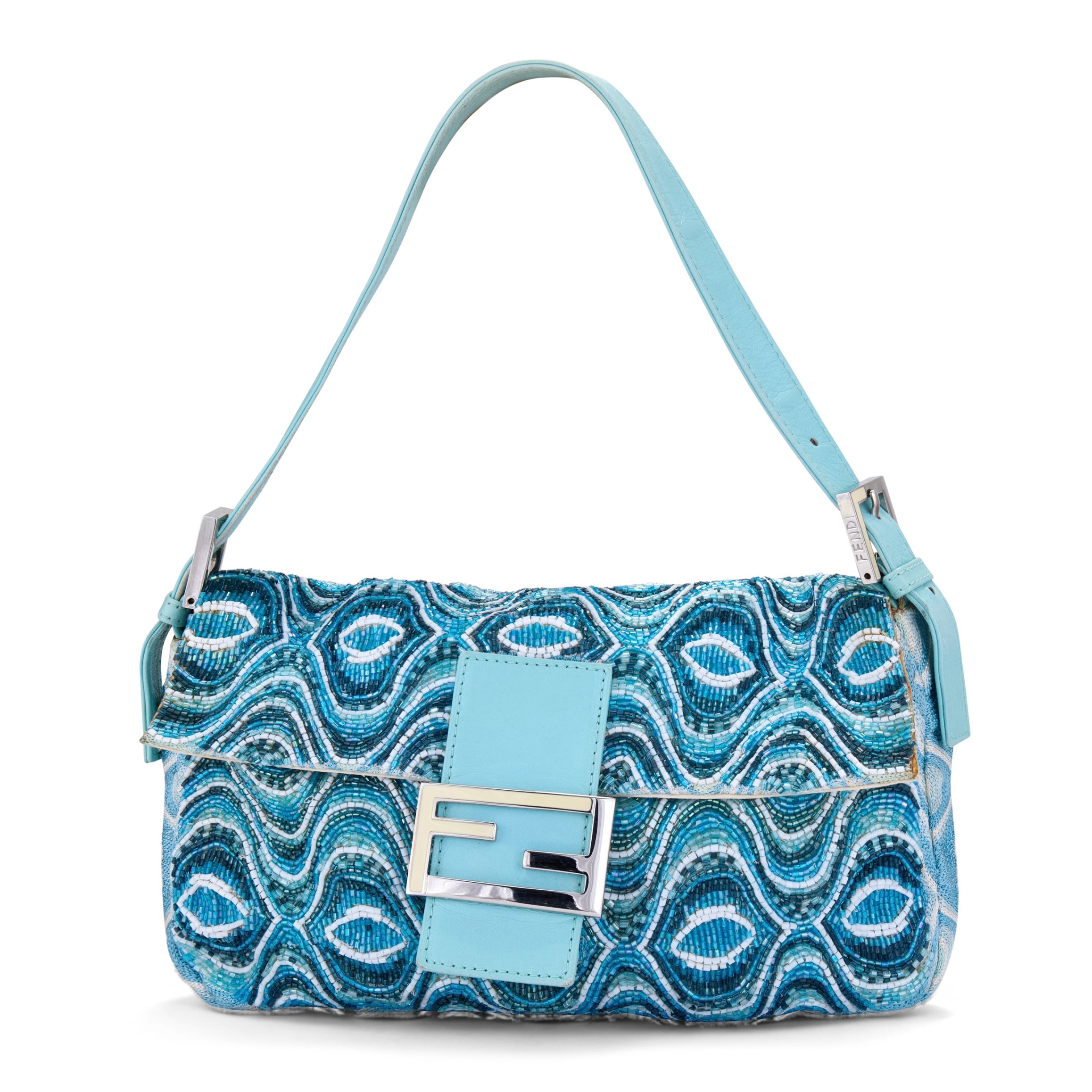 2000s Light Blue Beaded Psychedelic Baguette Bag