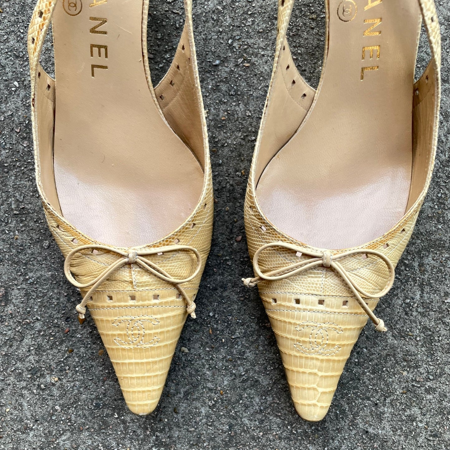 Chanel “CC” Beige Snakeskin Bow Slingback Heels