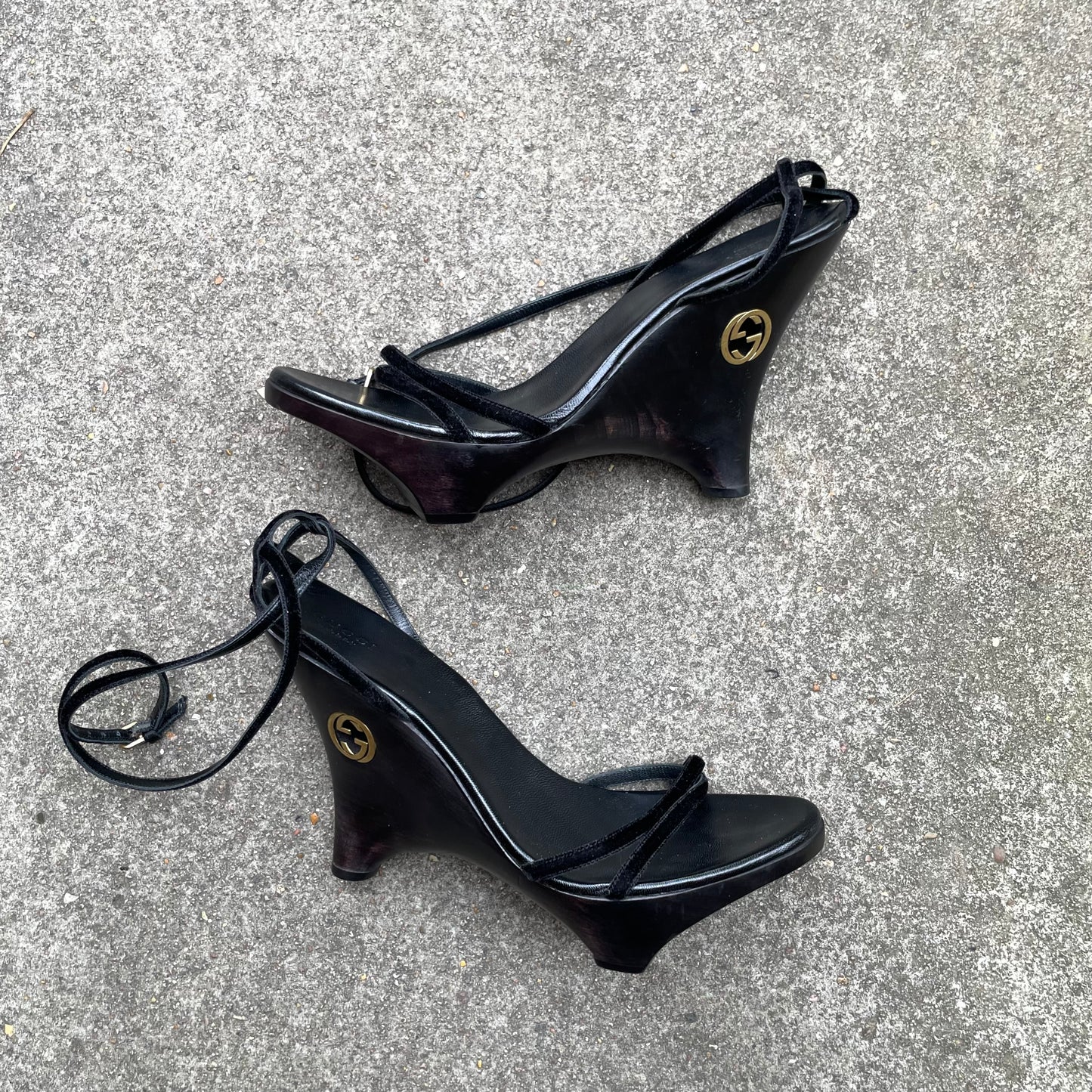 Gucci by Tom Ford 1996 “GG” Black Wood & Velvet Wedge Heels
