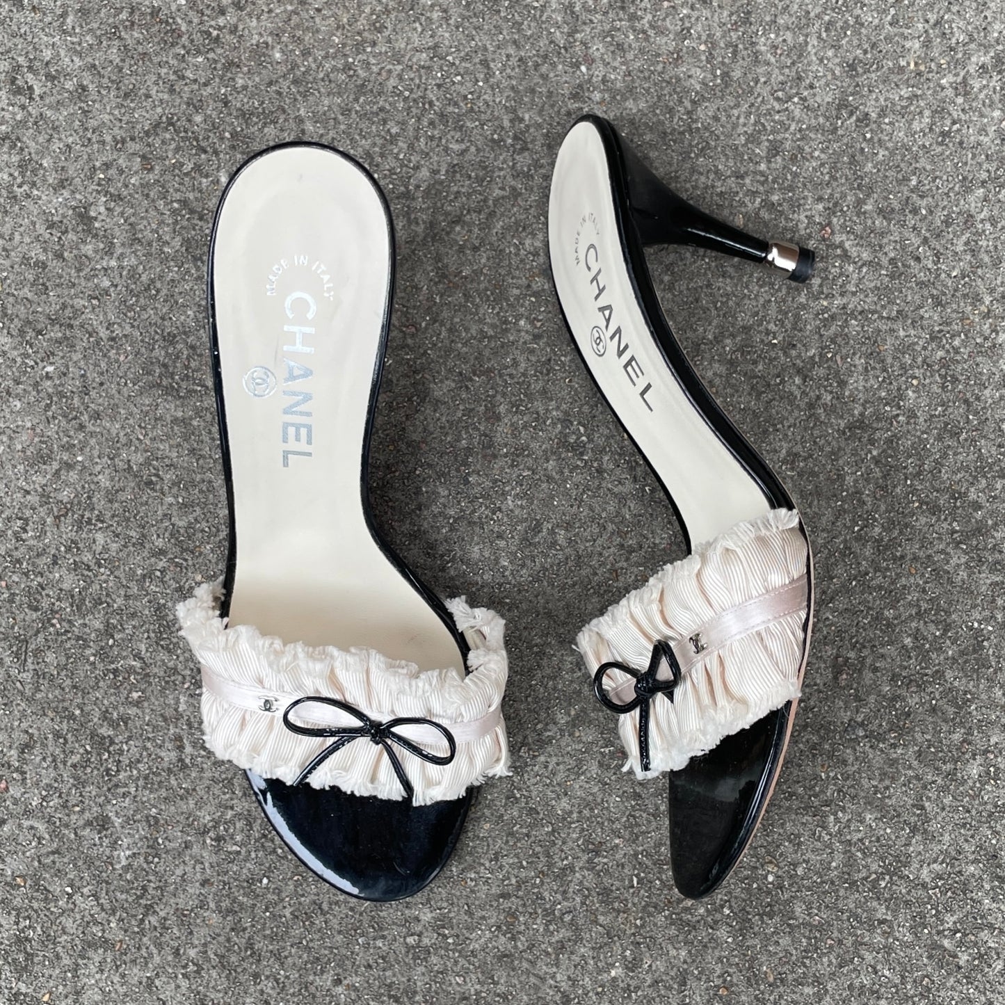 Chanel “CC” Ivory Ruffle Bow Sandal Heels