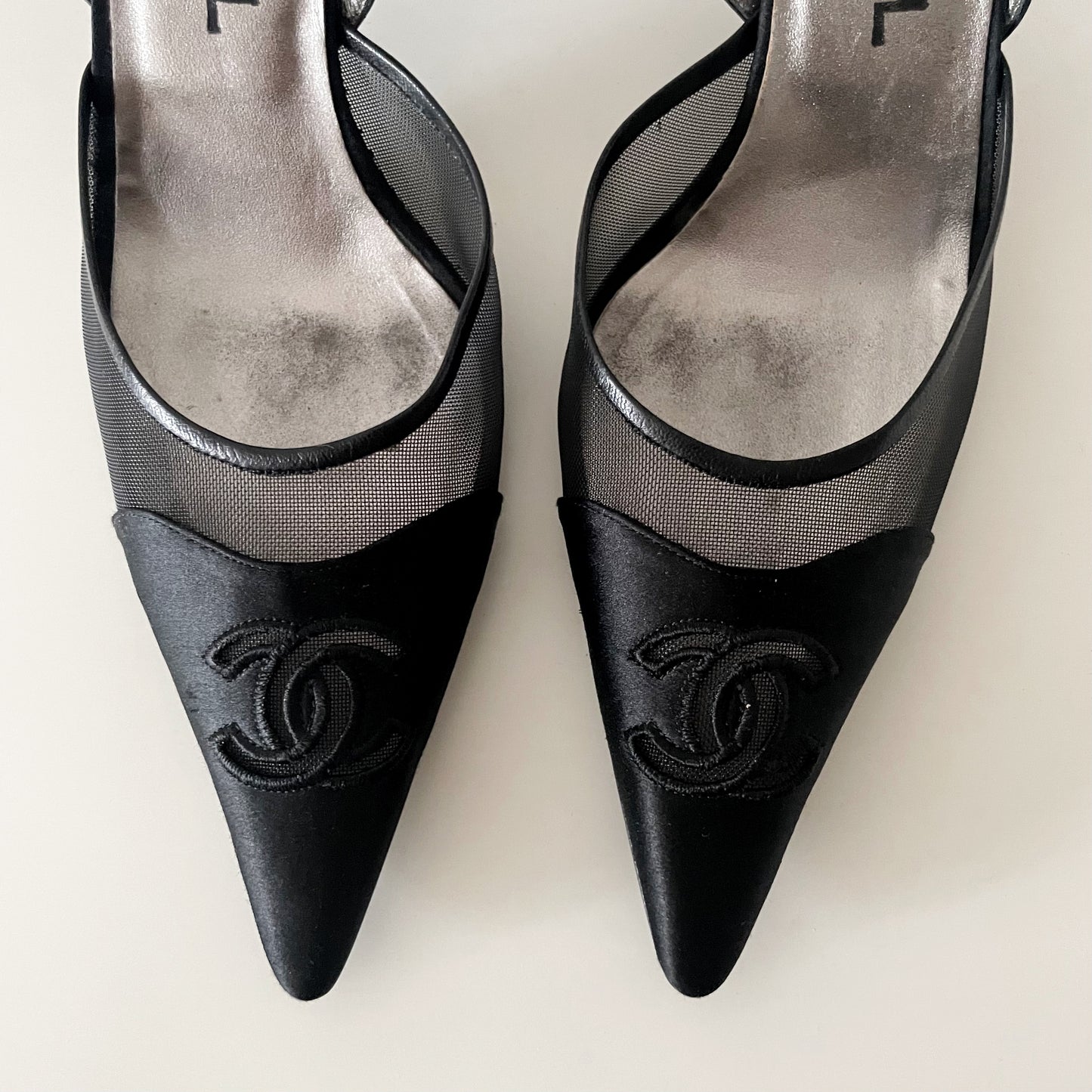 Chanel 2004 “CC” Black Satin Slingback Heels