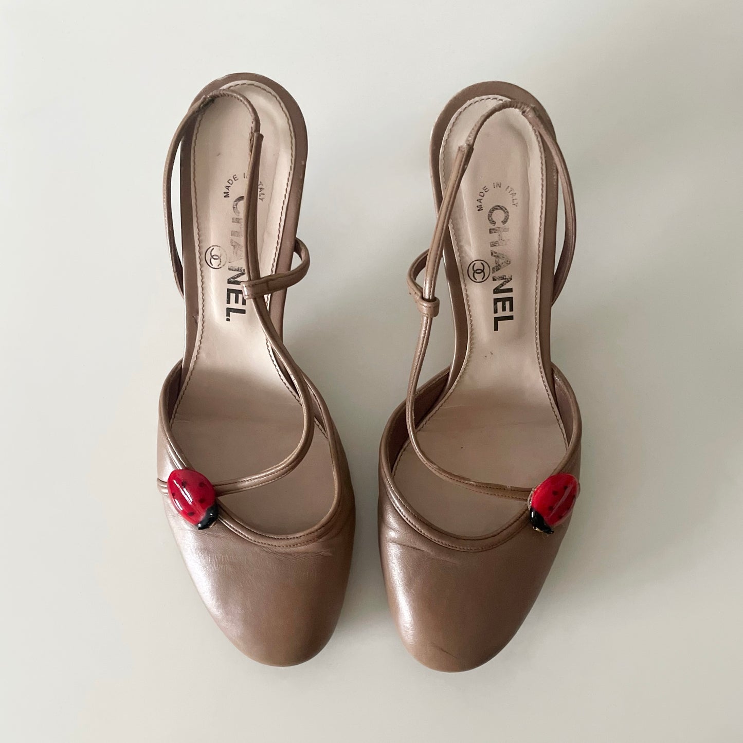 CHANEL S/S 2004 Light Brown Ladybug Slingback Heels