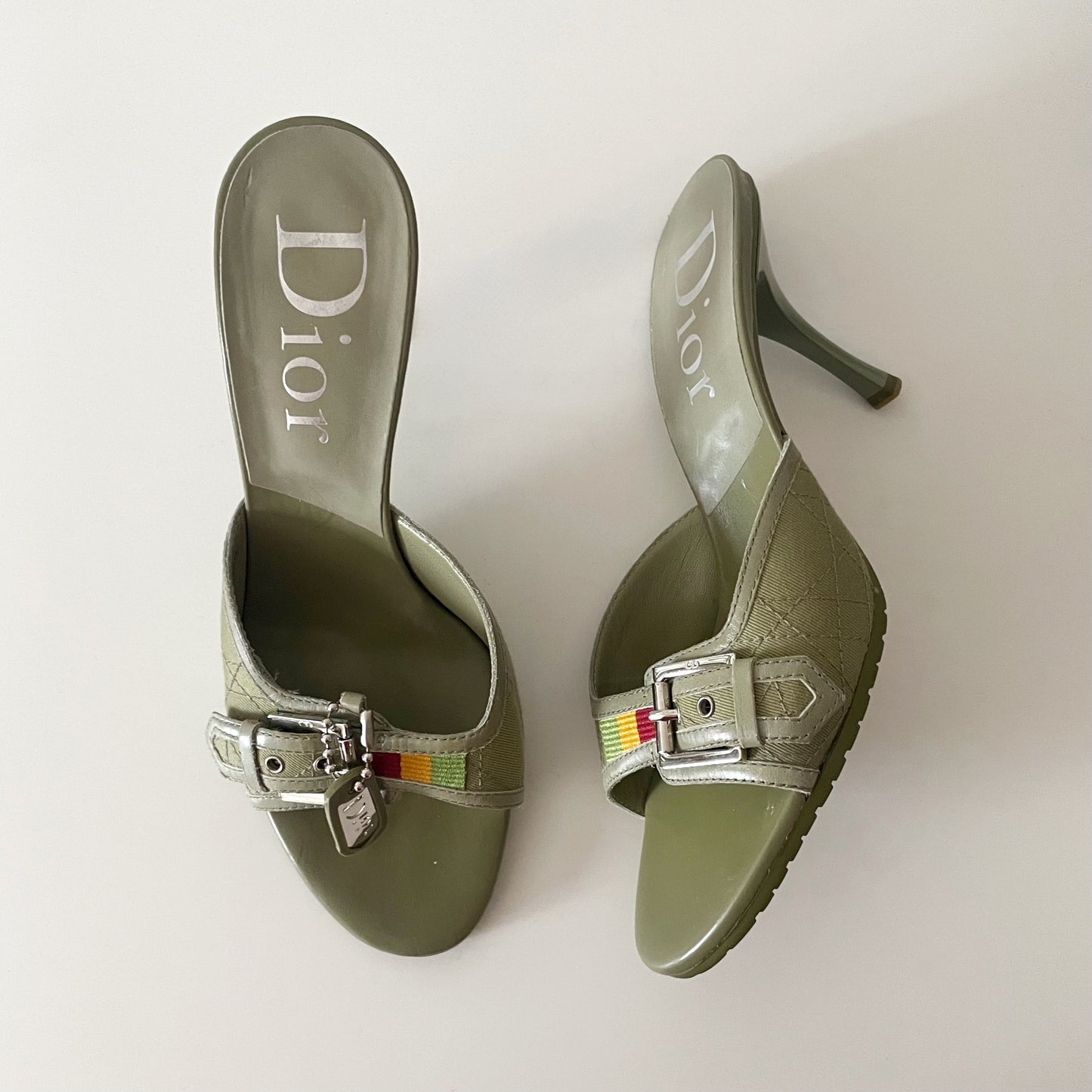 Dior by John Galliano F/W 2004 Rasta Green Buckle Cannage Sandal Heels