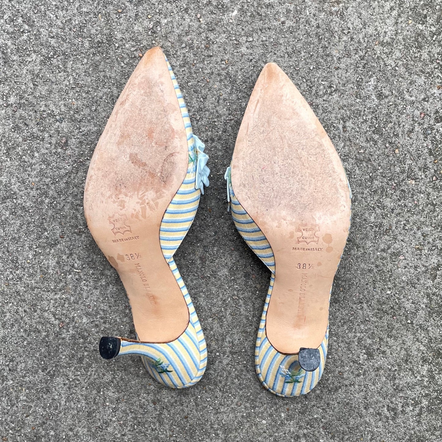 Manolo Blahnik 2000s Marie Antoinette Yellow Blue Ruffle Floral Mule Heels