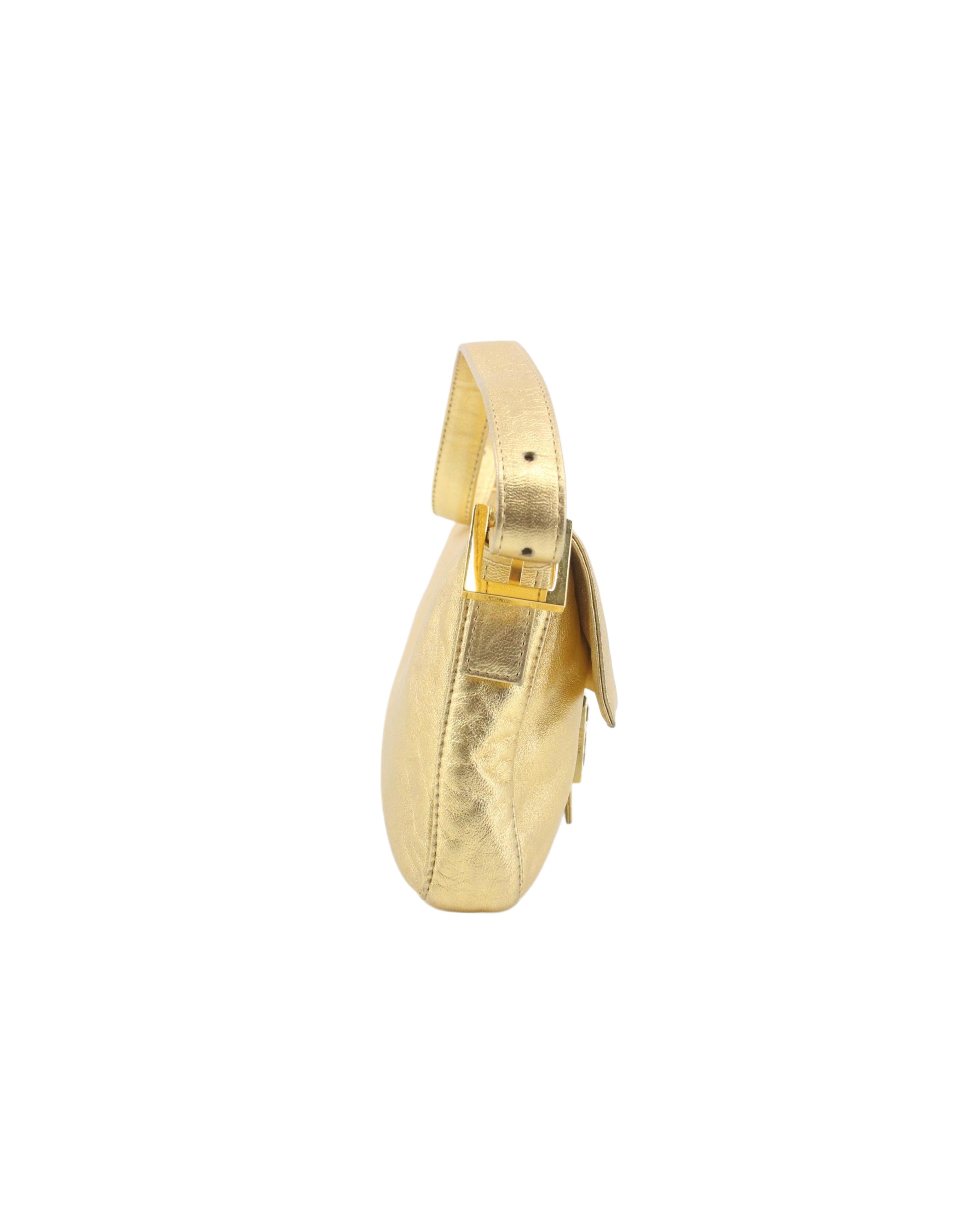 2000 Gold Leather Rhinestone Baguette Bag