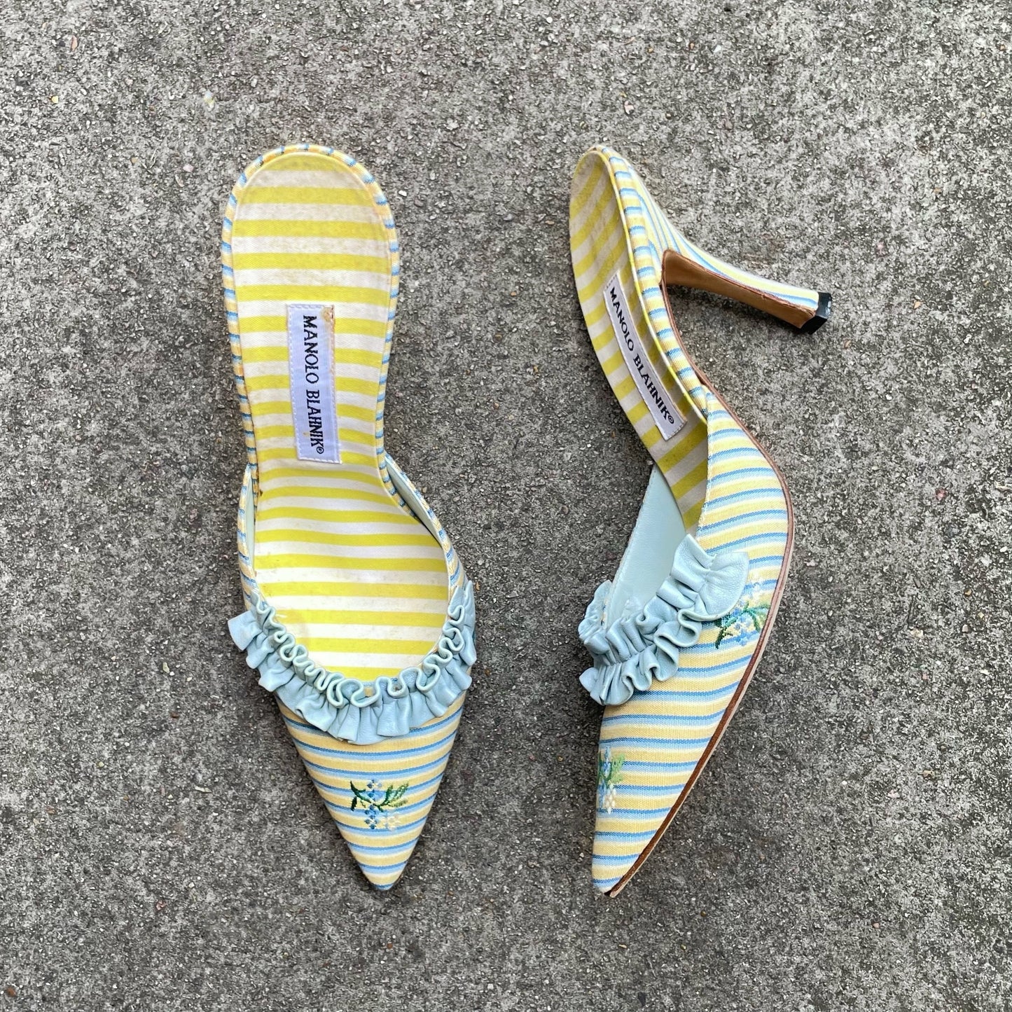 Manolo Blahnik 2000s Marie Antoinette Yellow Blue Ruffle Floral Mule Heels