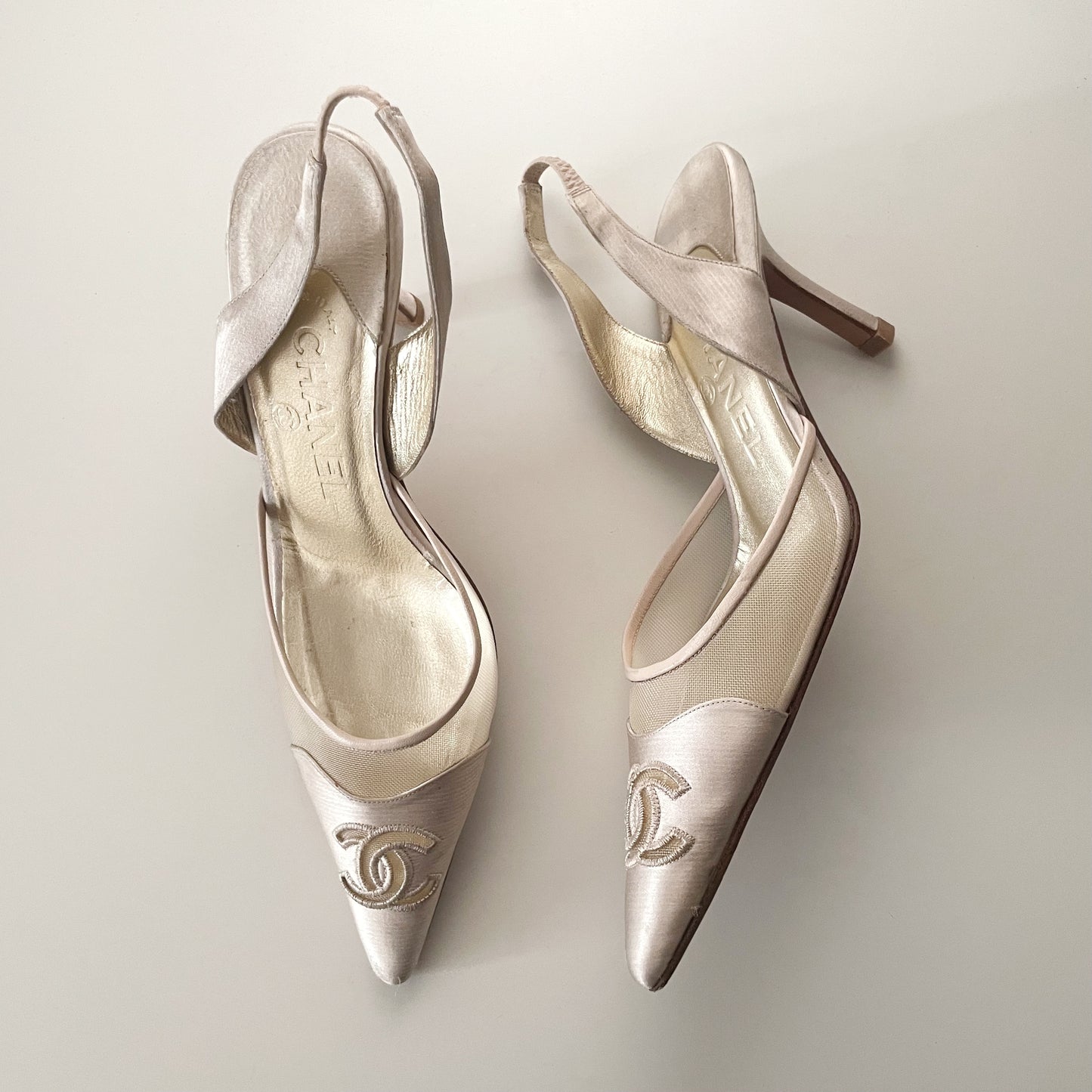Chanel 2004 “CC” Ivory & Gold Satin Slingback Heels
