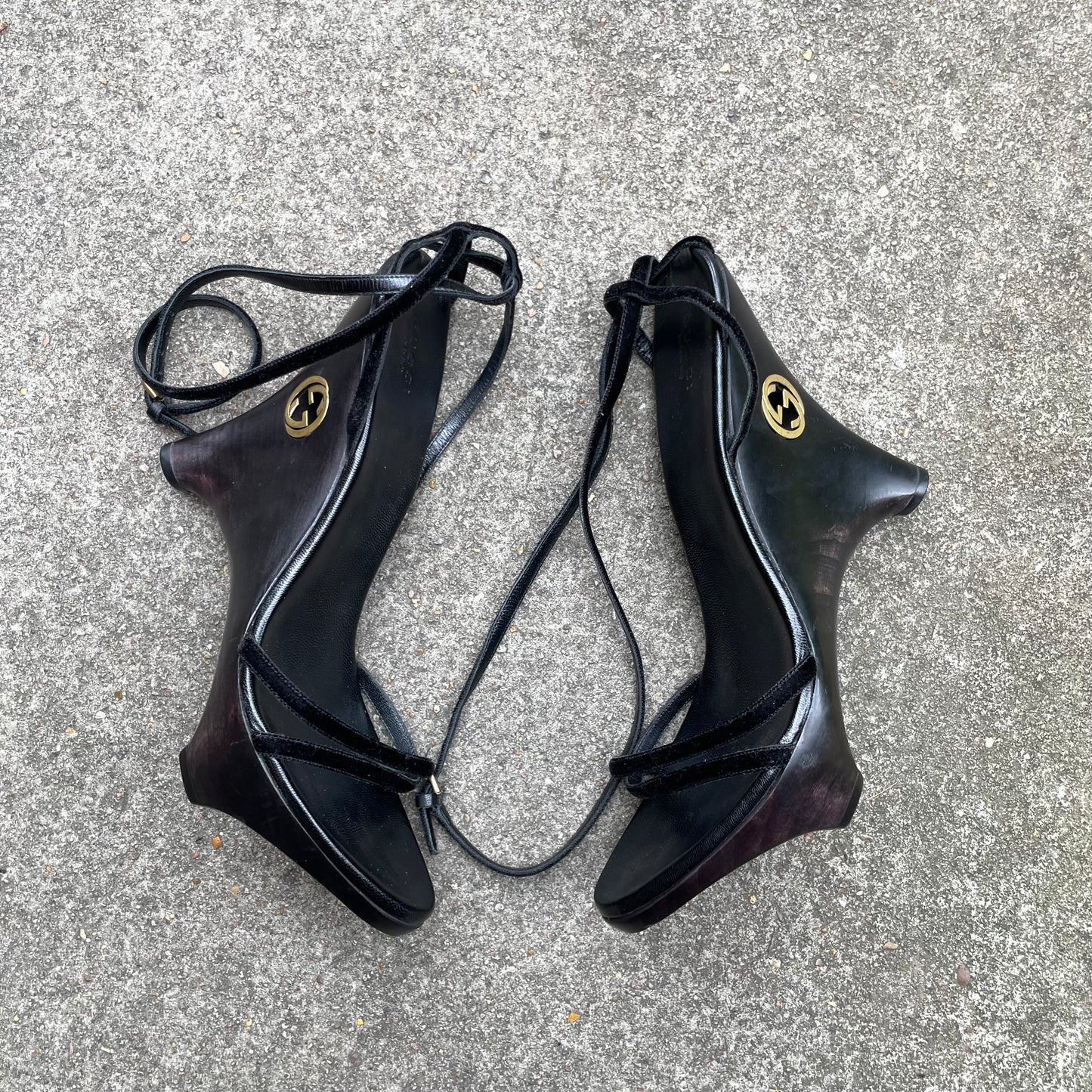 Gucci by Tom Ford 1996 “GG” Black Wood & Velvet Wedge Heels