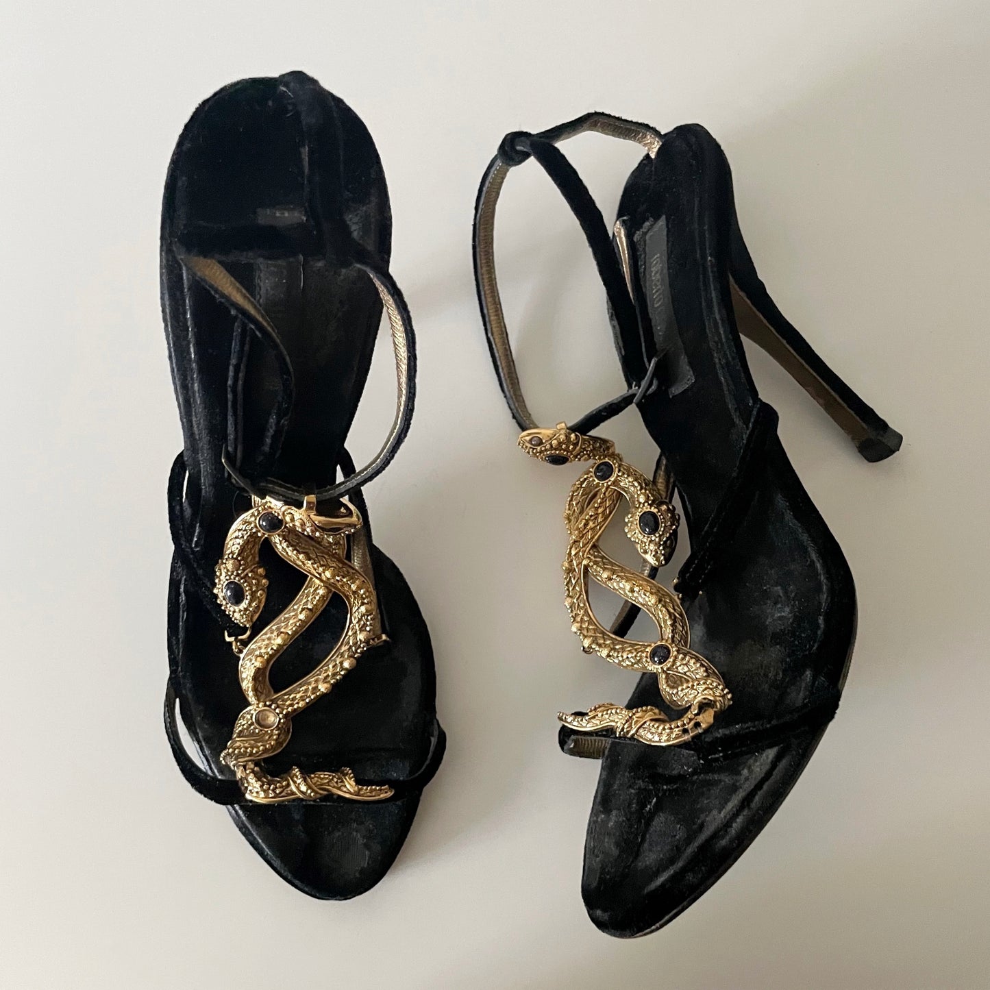 Roberto Cavalli Black Suede Sandal Heels with Black Stone Encrusted Gold Snake Details