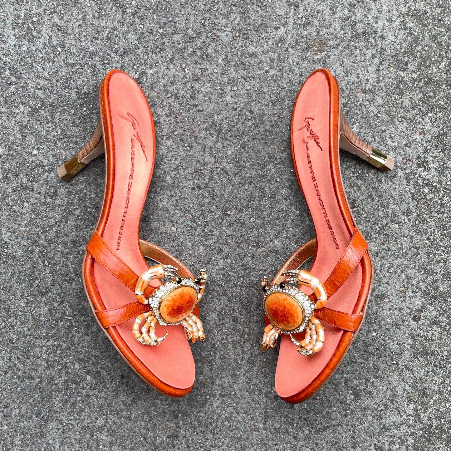 EXTREMELY RARE Giuseppe Zanotti Vintage Crystal Rhinestone Encrusted Orange Crab Sandal Heels