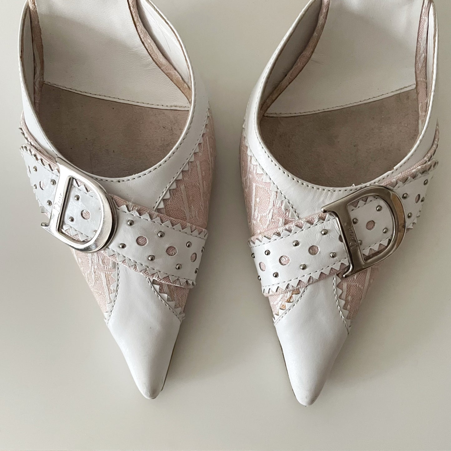 Dior by John Galliano 2000s Pink & White ‘D’ Buckle Mule Heels