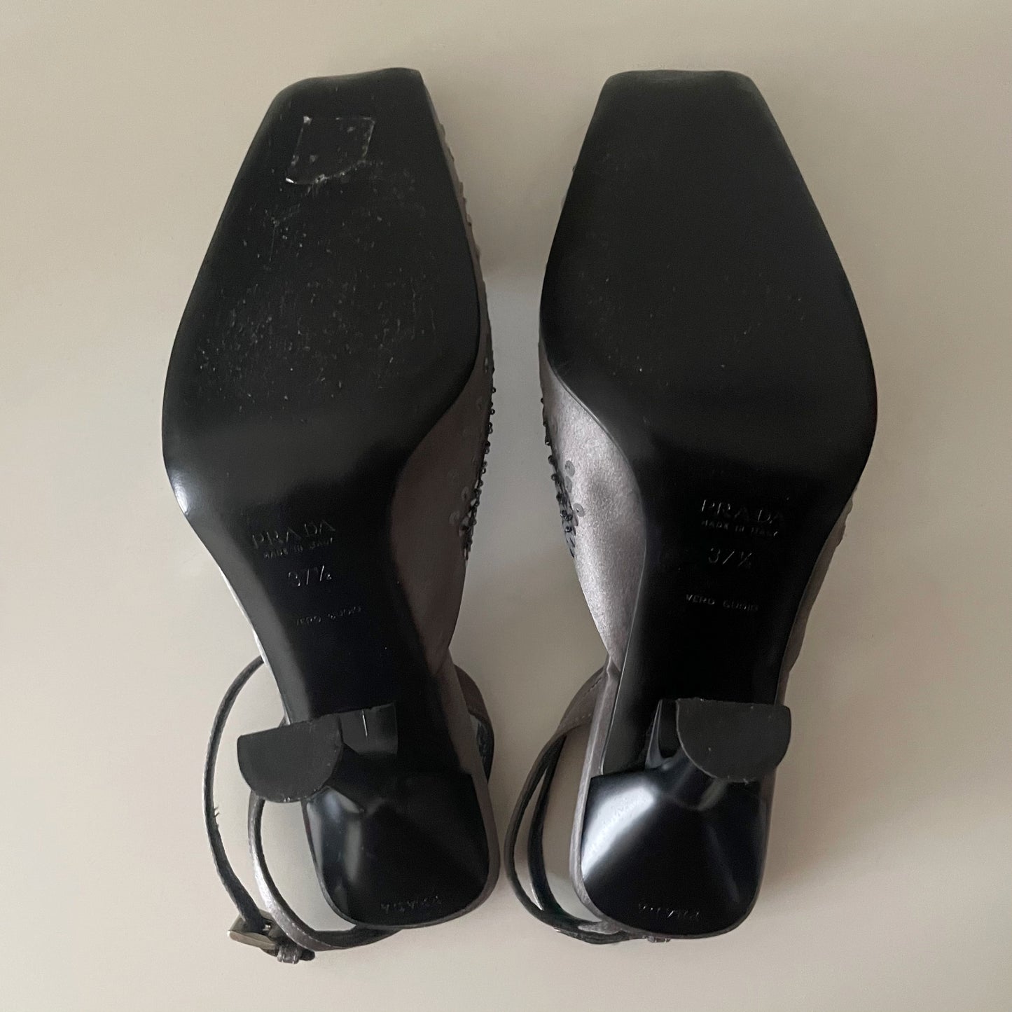 Prada F/W 1999 Grey Silver Sequin Raso Luce Pailettes Satin Ankle Strap Heels