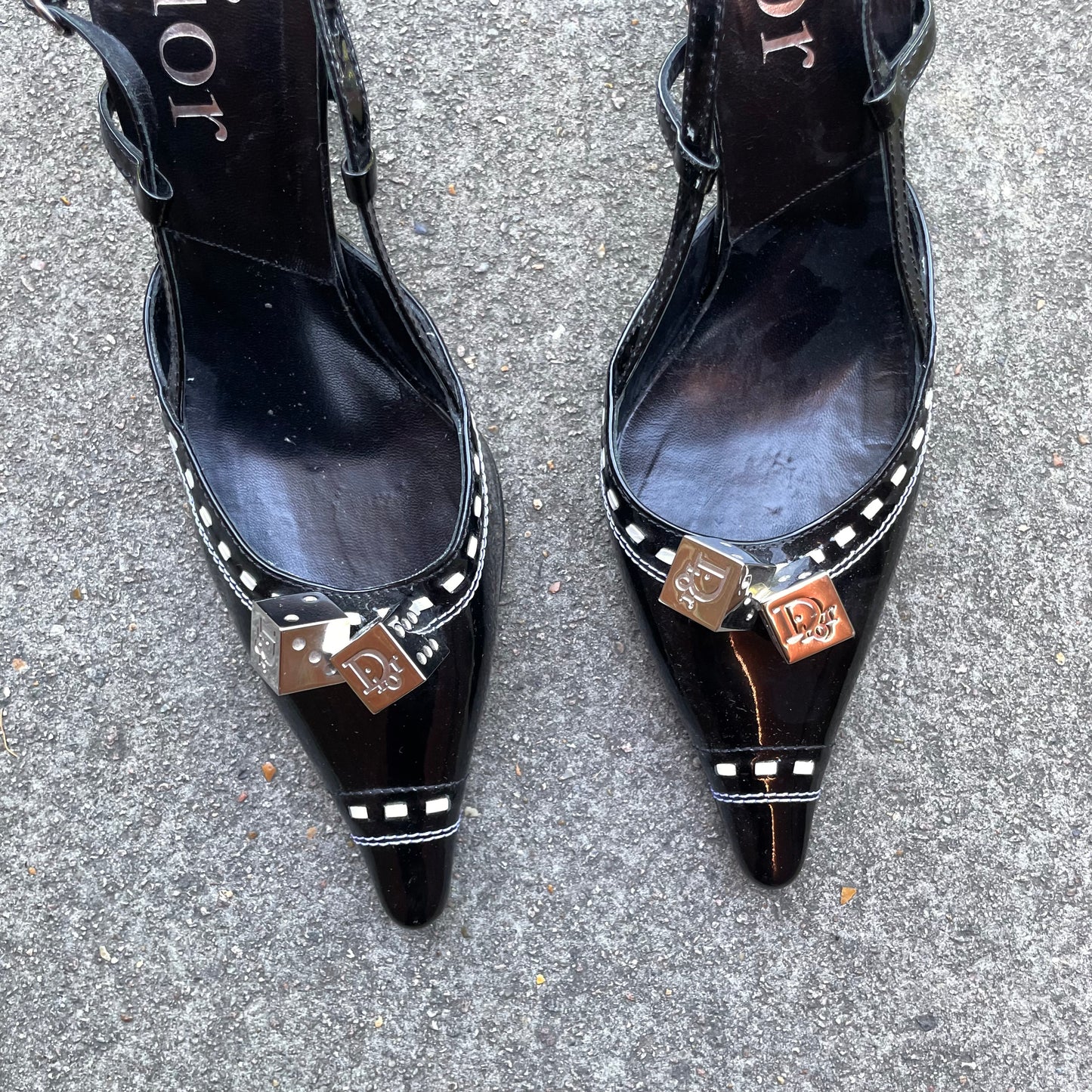 RARE Dior by John Galliano 2004 Black Gambler Dice Patent Leather Slingback Heels