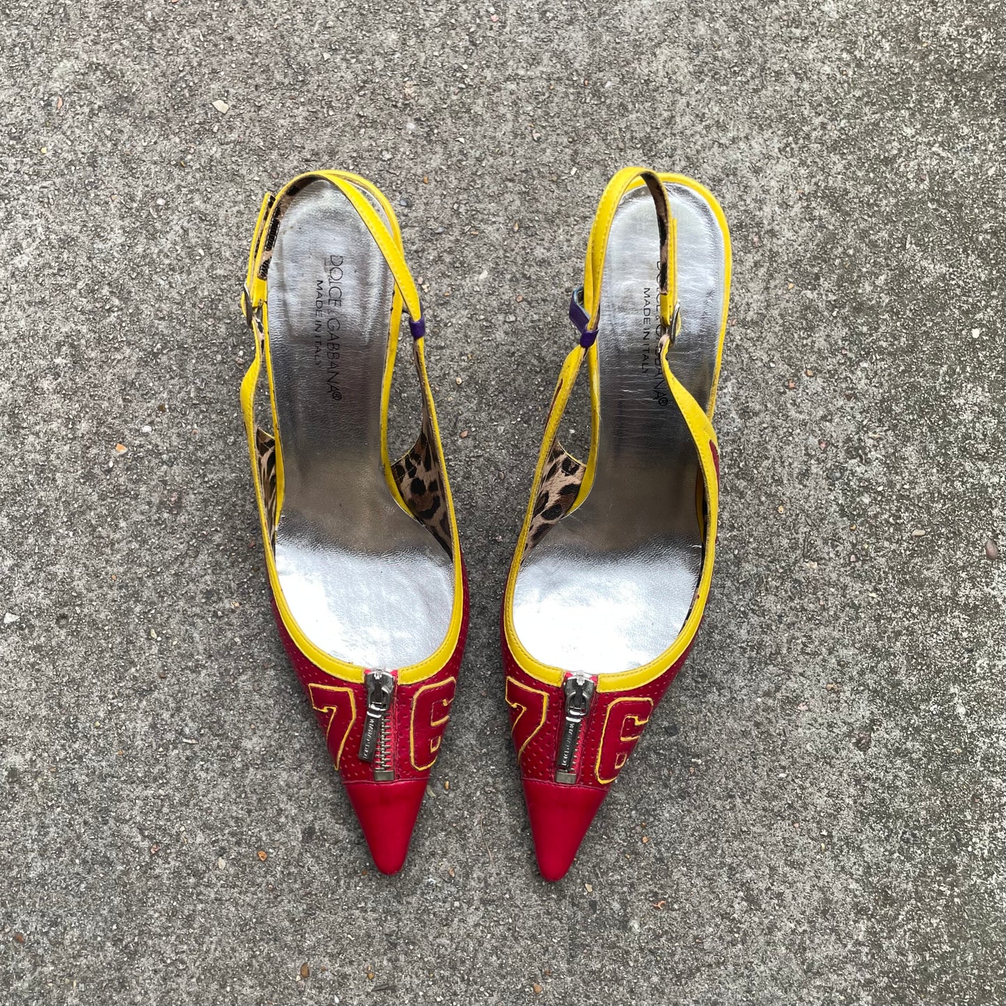 Dolce & Gabbana ‘76’ Red & Yellow Sporty Zip Slingback Heels