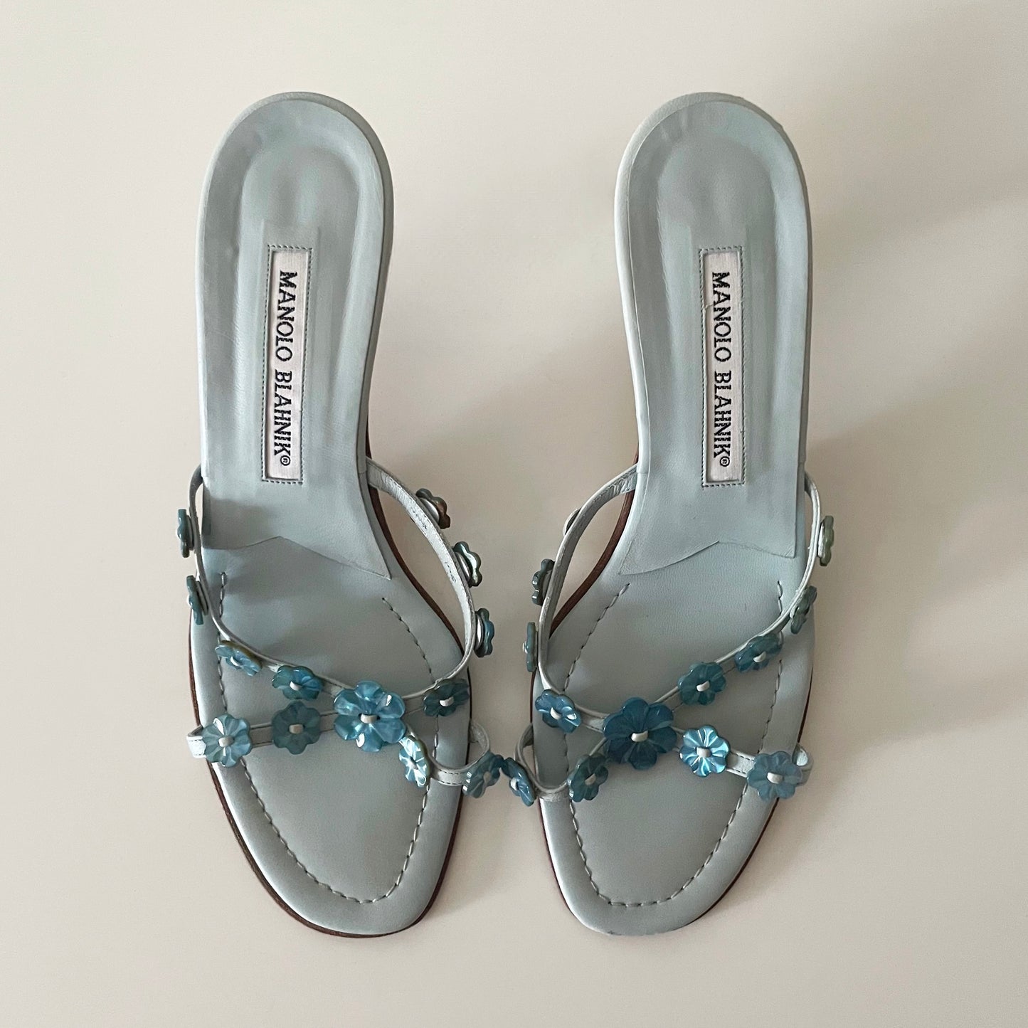 Manolo Blahnik 2000s Blue Pearlescent Flower Sandal Heels
