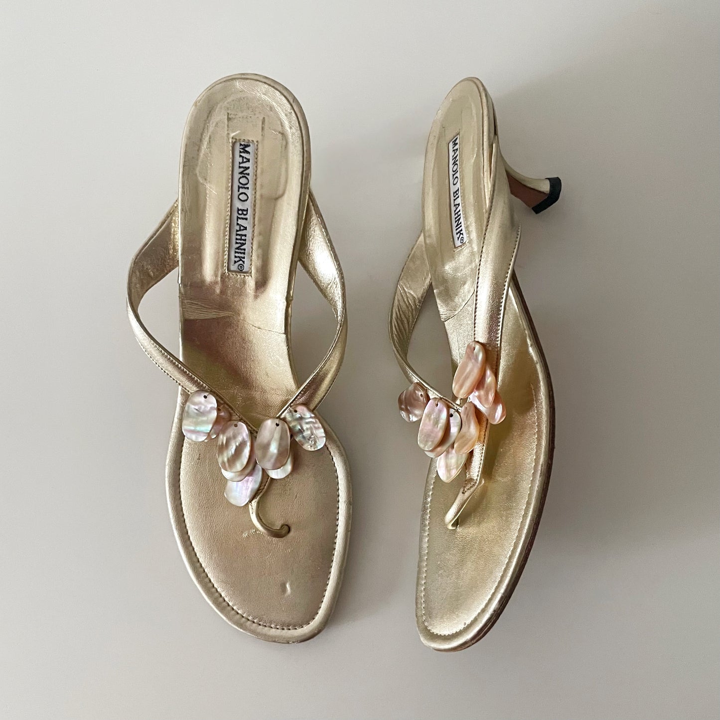 Manolo Blahnik Pearlescent Seashell Gold Sandal Heels