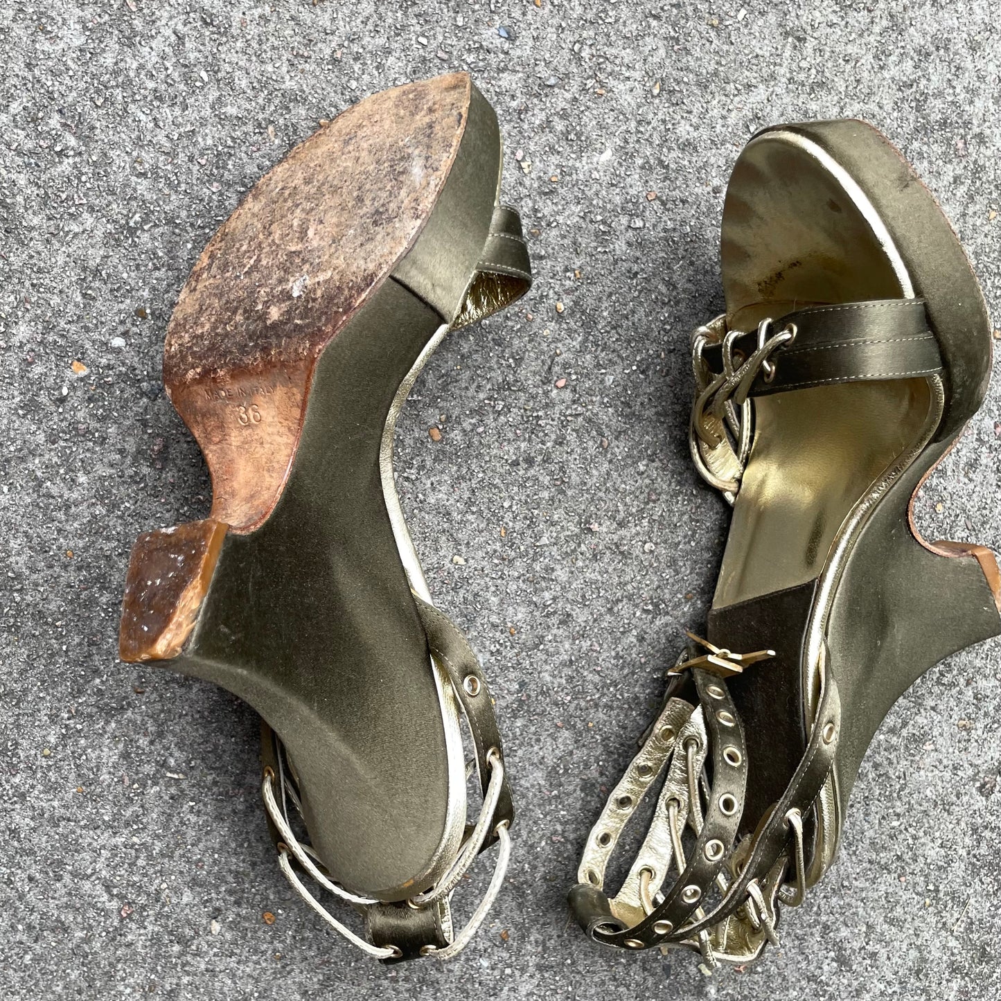 Dior by John Galliano S/S 2003 Khaki Green Padlock & Key Satin Wedge Heels