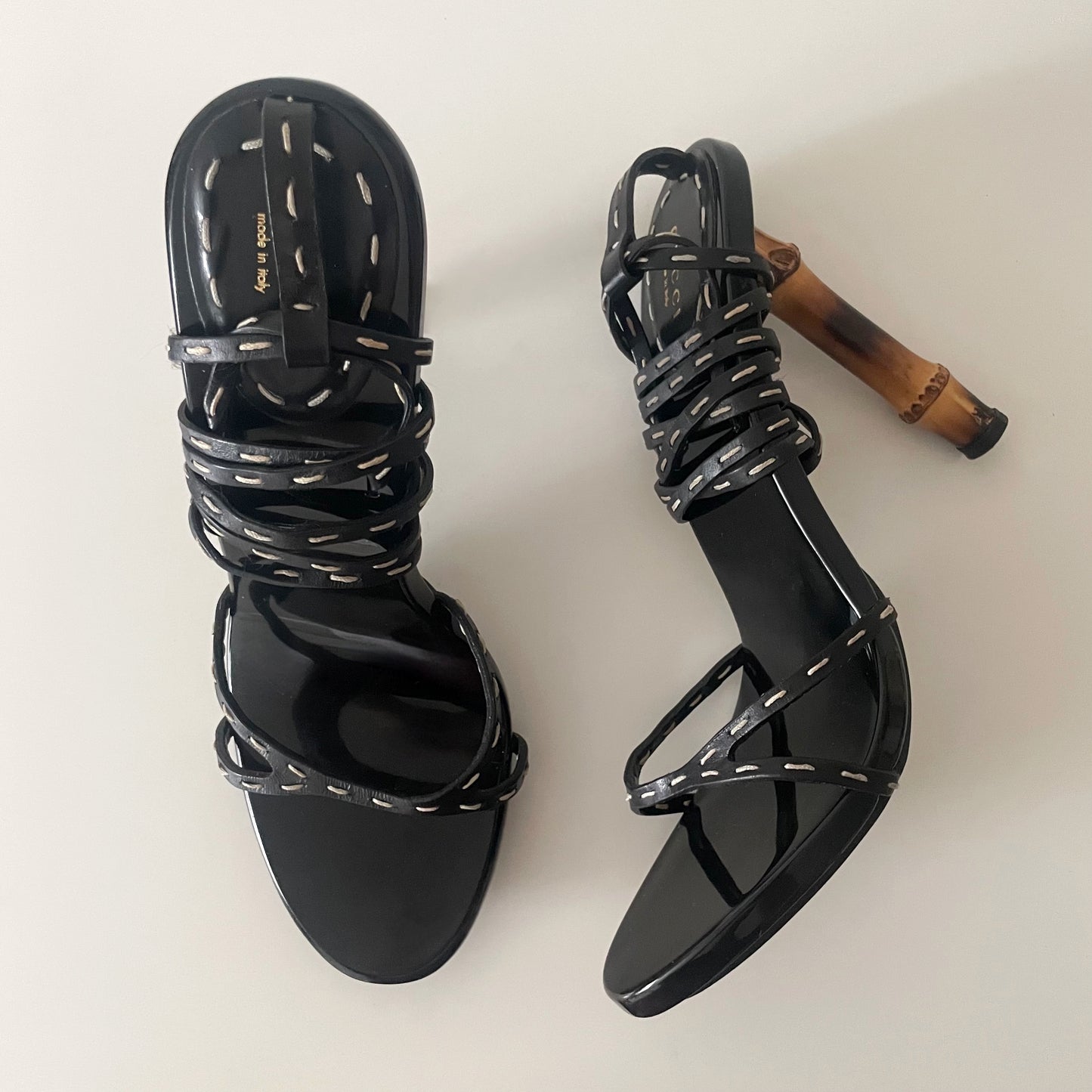 Gucci by Tom Ford S/S 2002 Black Bamboo Strappy Leather Sandal Heels