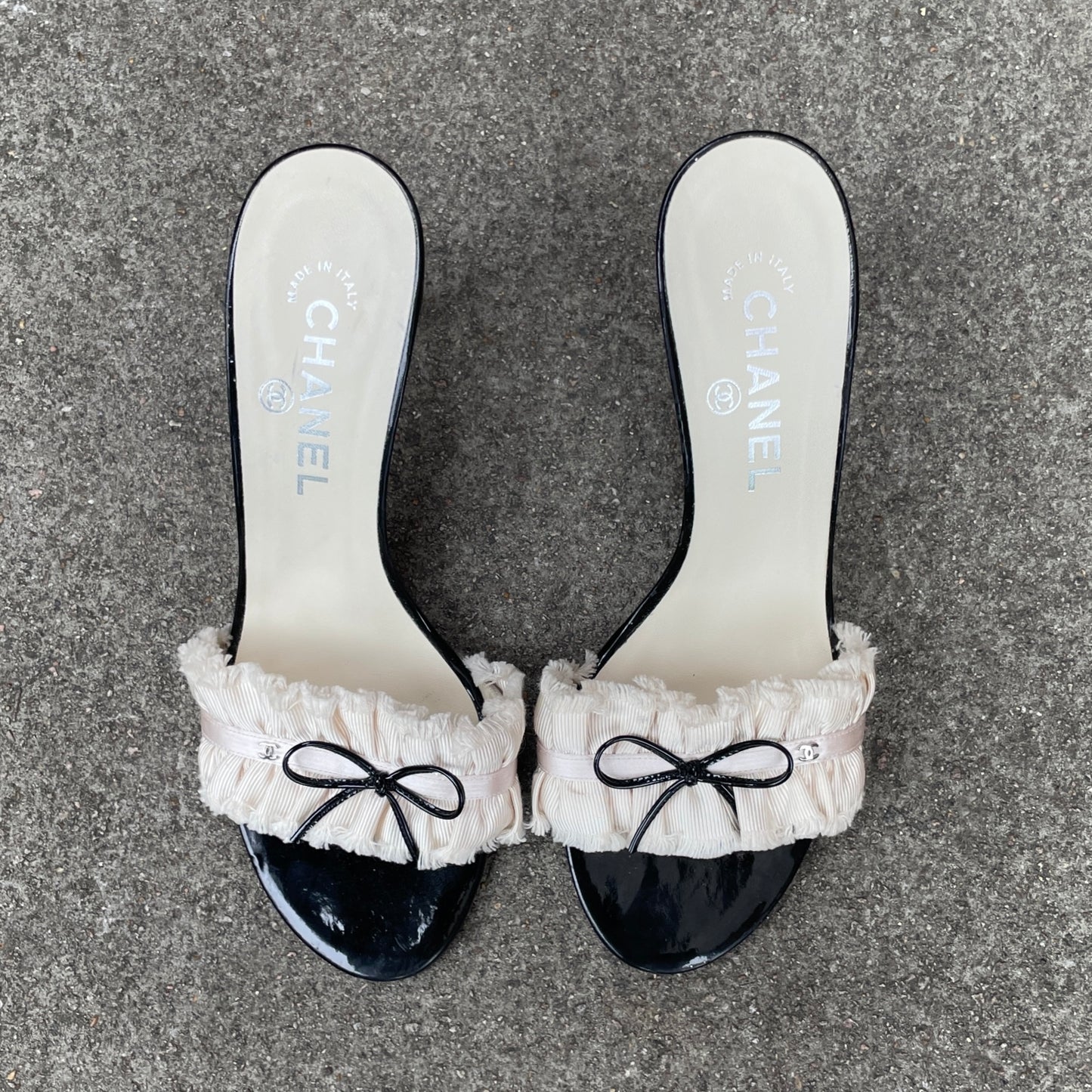 Chanel “CC” Ivory Ruffle Bow Sandal Heels