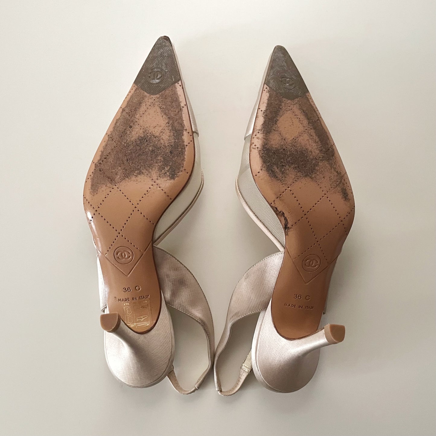 Chanel 2004 “CC” Ivory & Gold Satin Slingback Heels